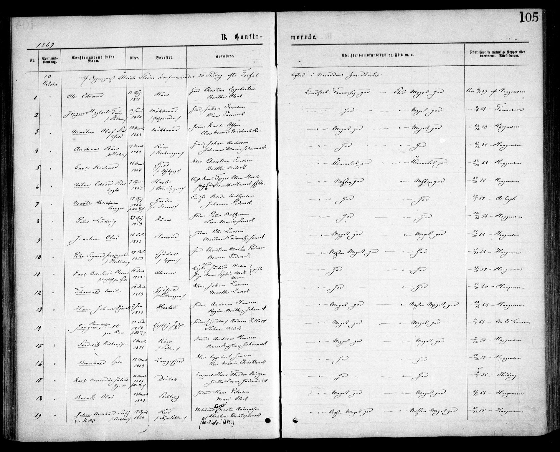 Nesodden prestekontor Kirkebøker, SAO/A-10013/F/Fa/L0008: Parish register (official) no. I 8, 1869-1879, p. 105