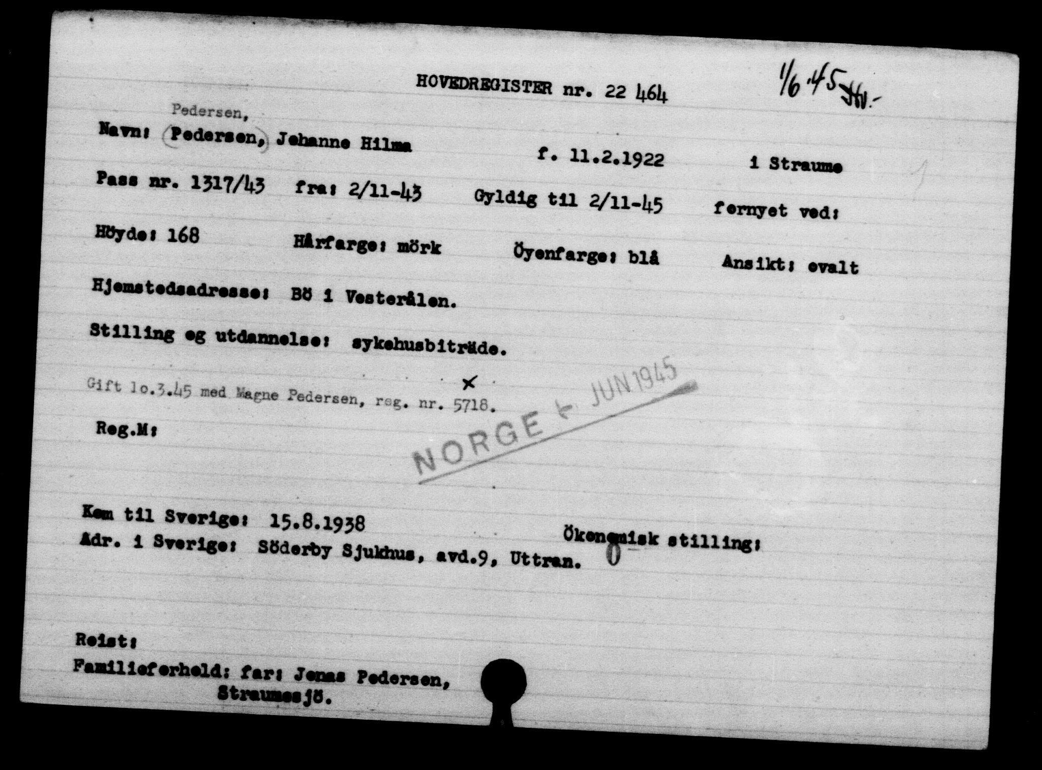 Utenriksstasjonene, Legasjonen i Stockholm, Flyktningkontoret, AV/RA-S-6753/V/Va/L0010: Kjesäterkartoteket, flyktninger med registreringsnr. 22000-25314, 1940-1945, p. 515