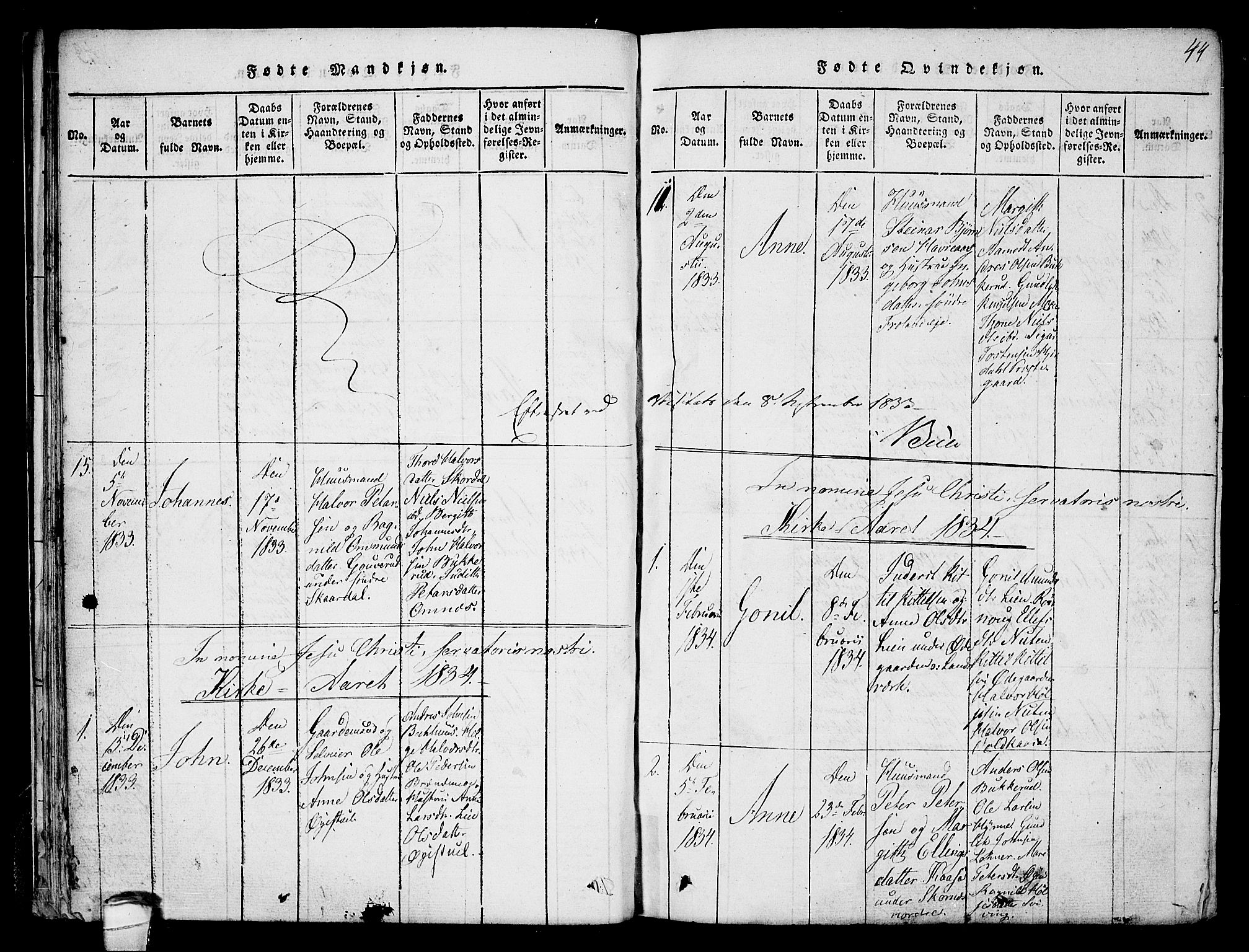 Hjartdal kirkebøker, AV/SAKO-A-270/F/Fb/L0001: Parish register (official) no. II 1, 1815-1843, p. 44