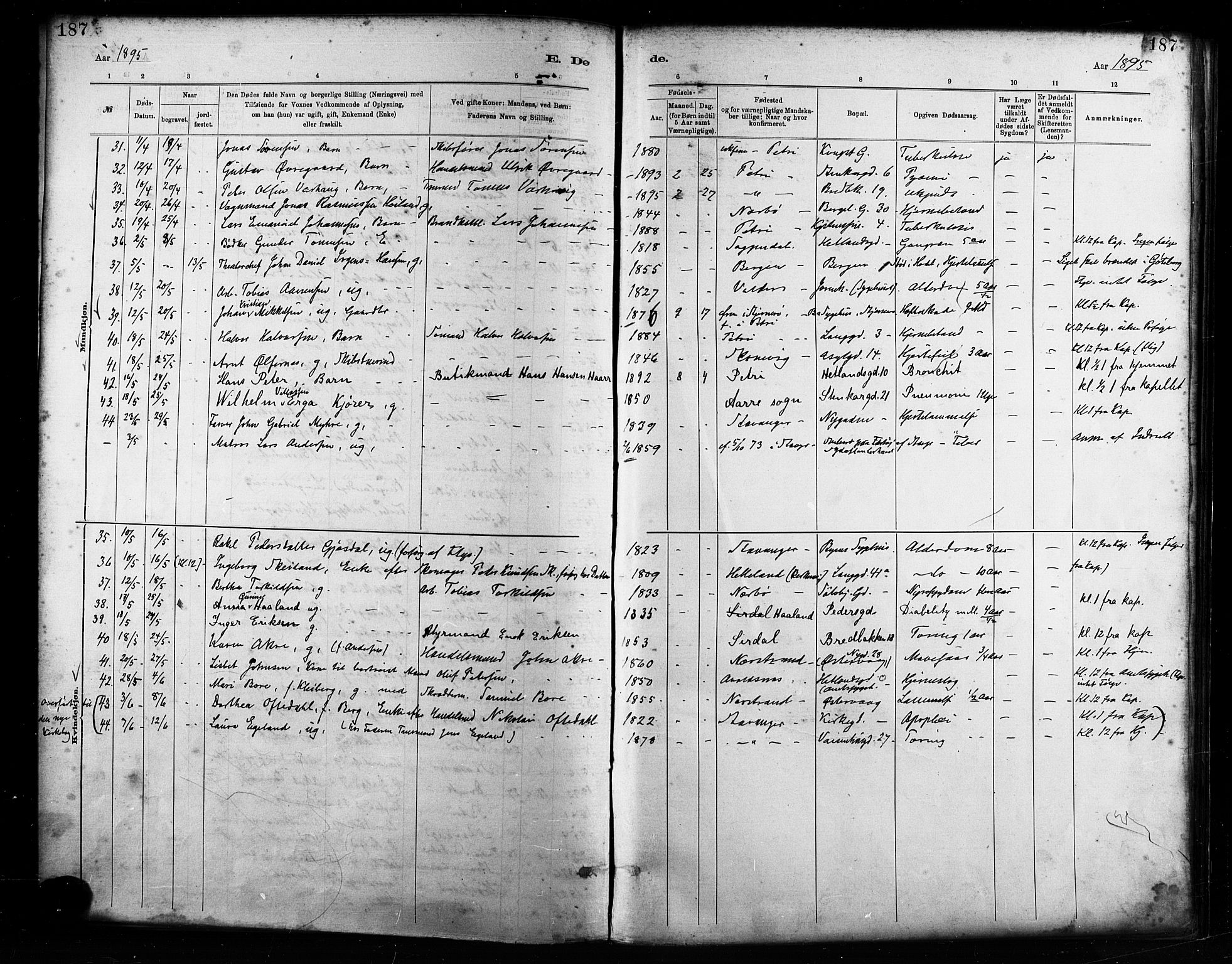 St. Petri sokneprestkontor, AV/SAST-A-101813/001/30/30BA/L0017: Parish register (official) no. A 17, 1879-1895, p. 187