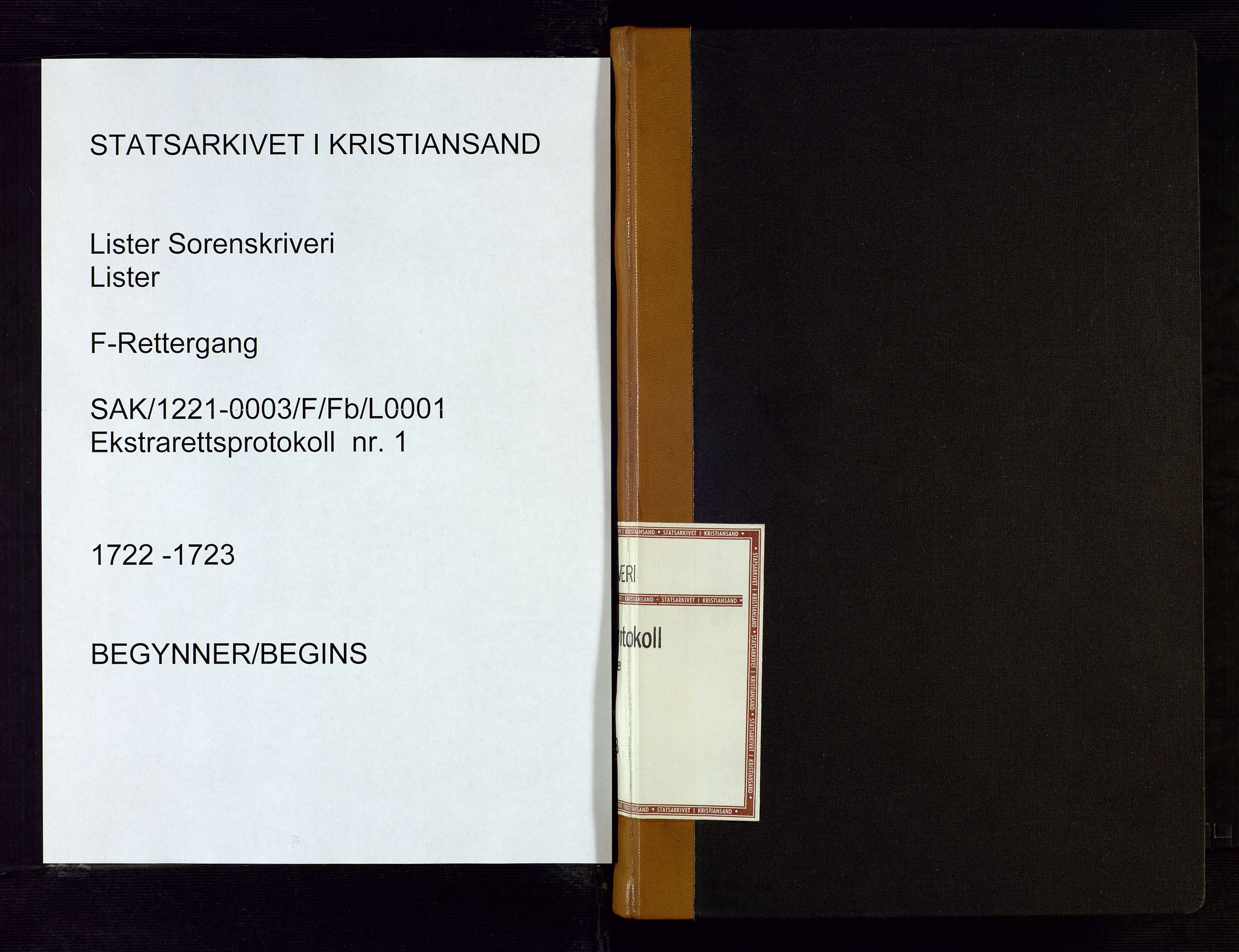 Lister sorenskriveri, AV/SAK-1221-0003/F/Fb/L0001: Ekstrarettsprotokoll med register nr 1, 1722-1723