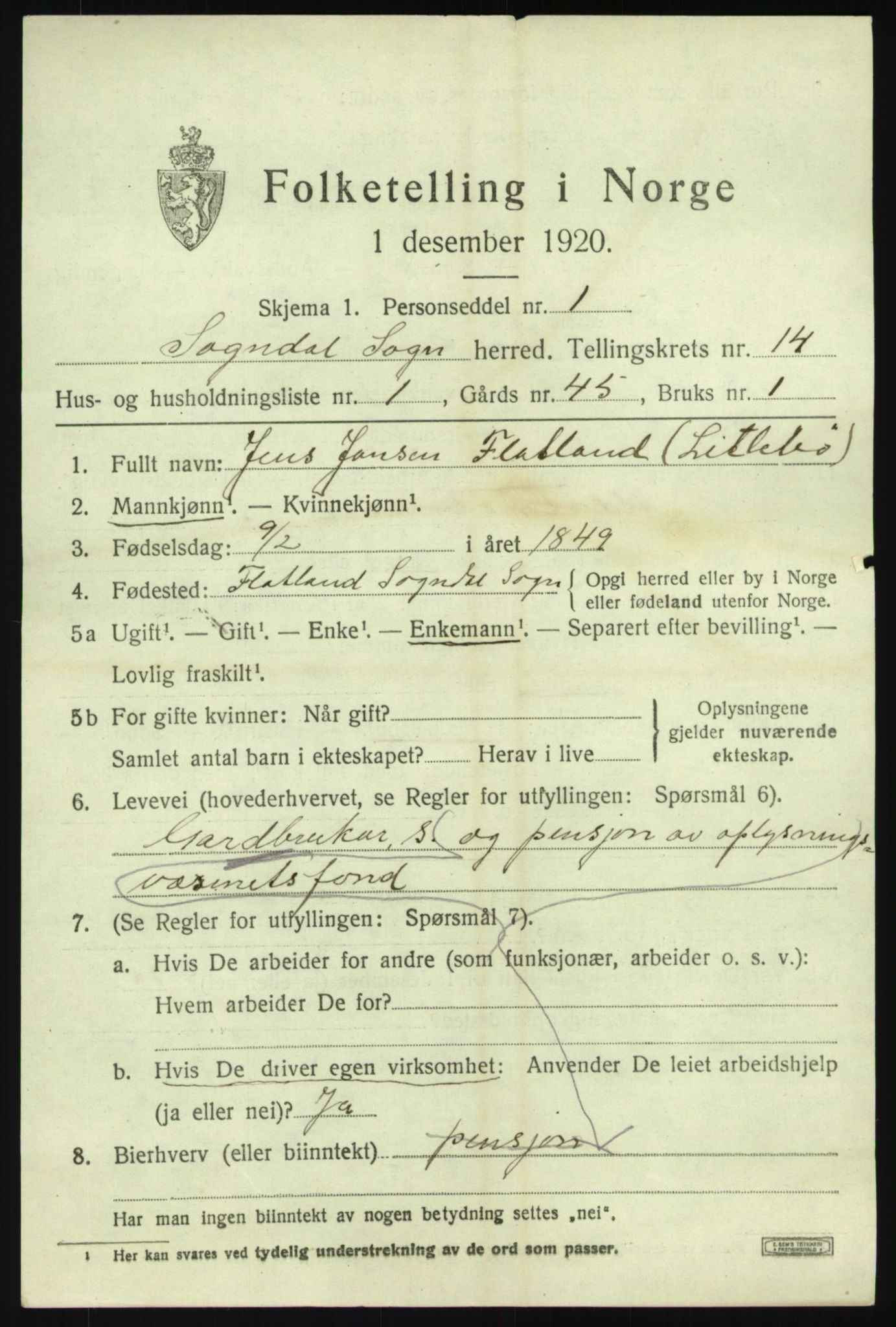 SAB, 1920 census for Sogndal, 1920, p. 5585