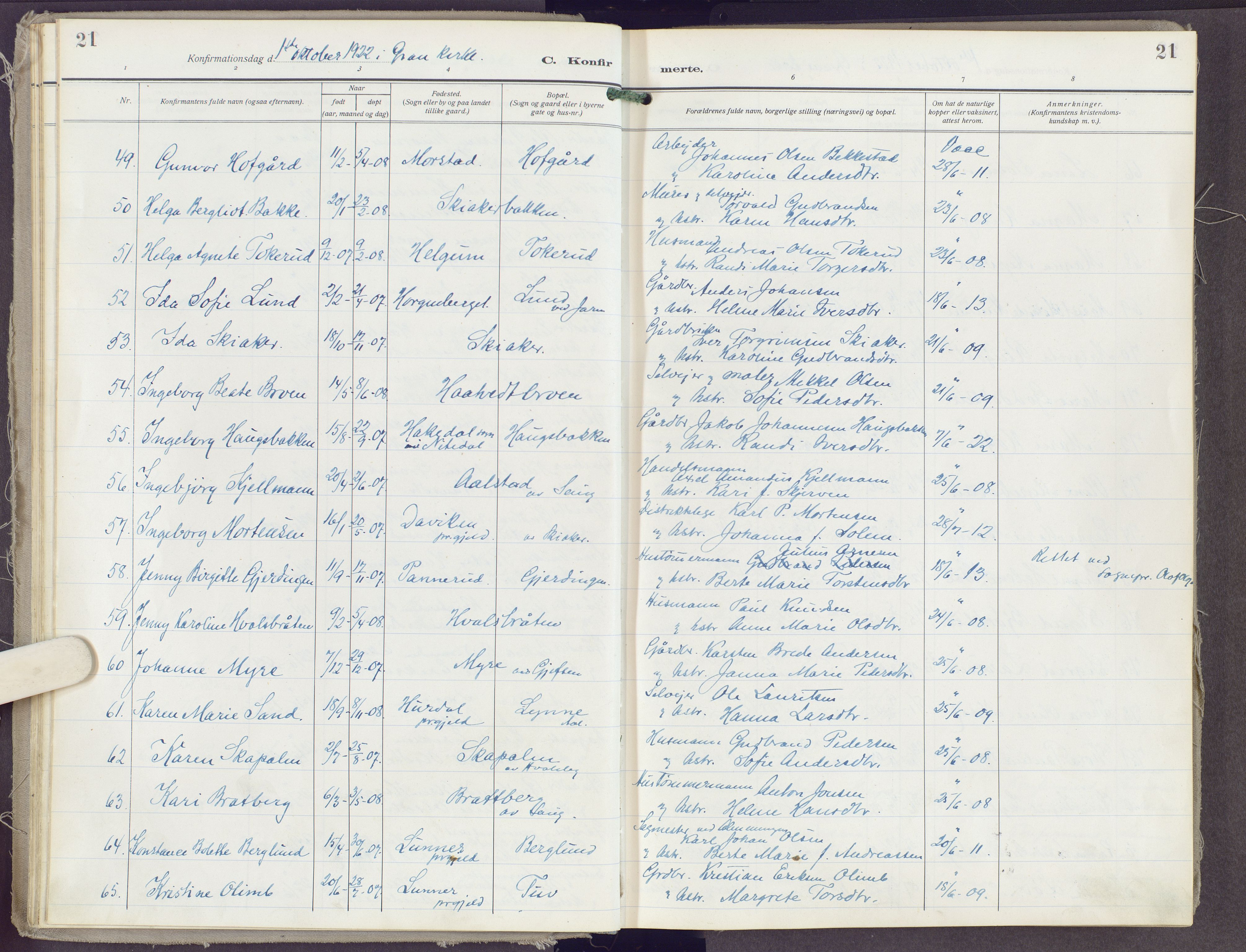 Gran prestekontor, AV/SAH-PREST-112/H/Ha/Haa/L0023: Parish register (official) no. 23, 1919-1938, p. 21