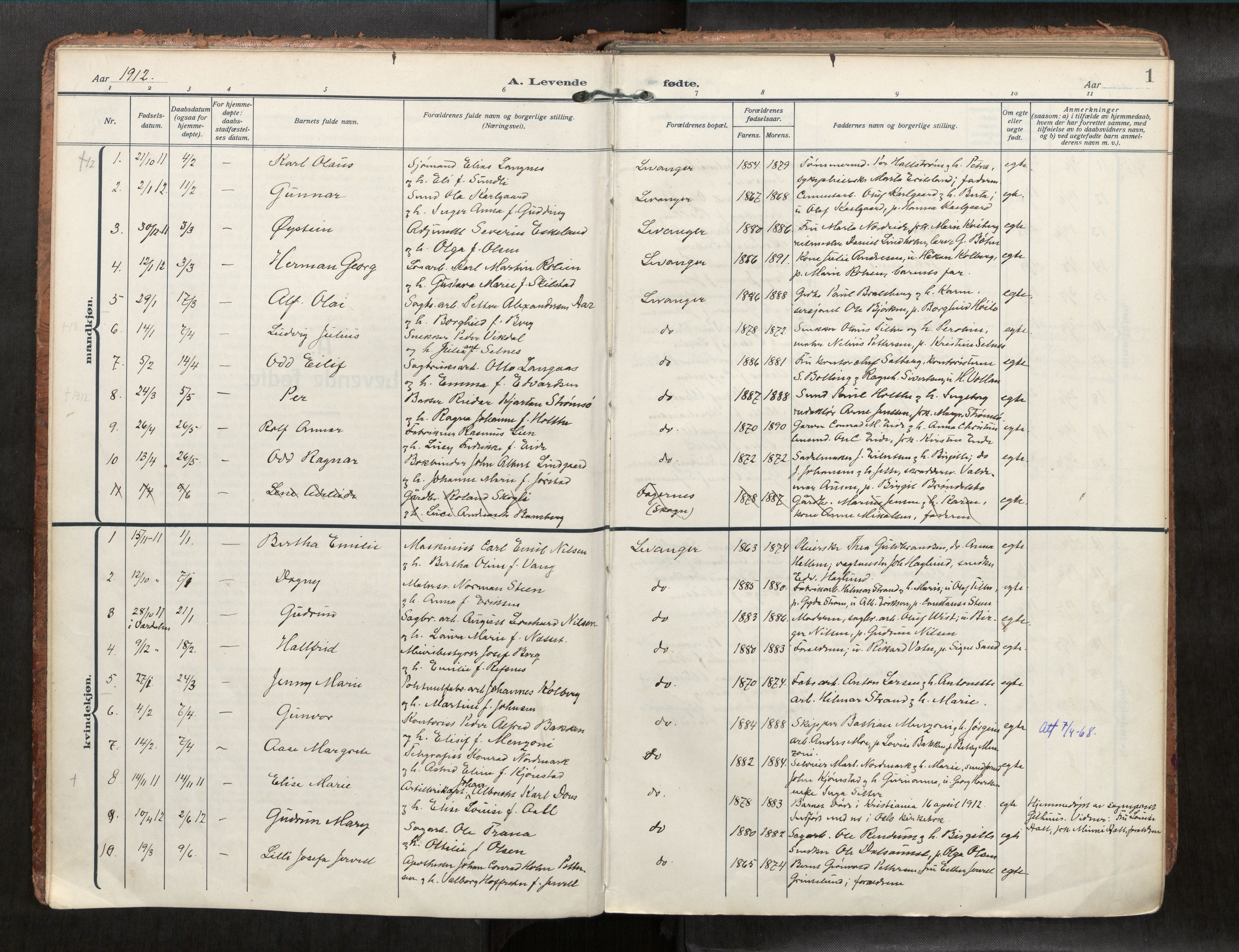 Levanger sokneprestkontor, SAT/A-1301/2/H/Haa/L0001: Parish register (official) no. 1, 1912-1932, p. 1