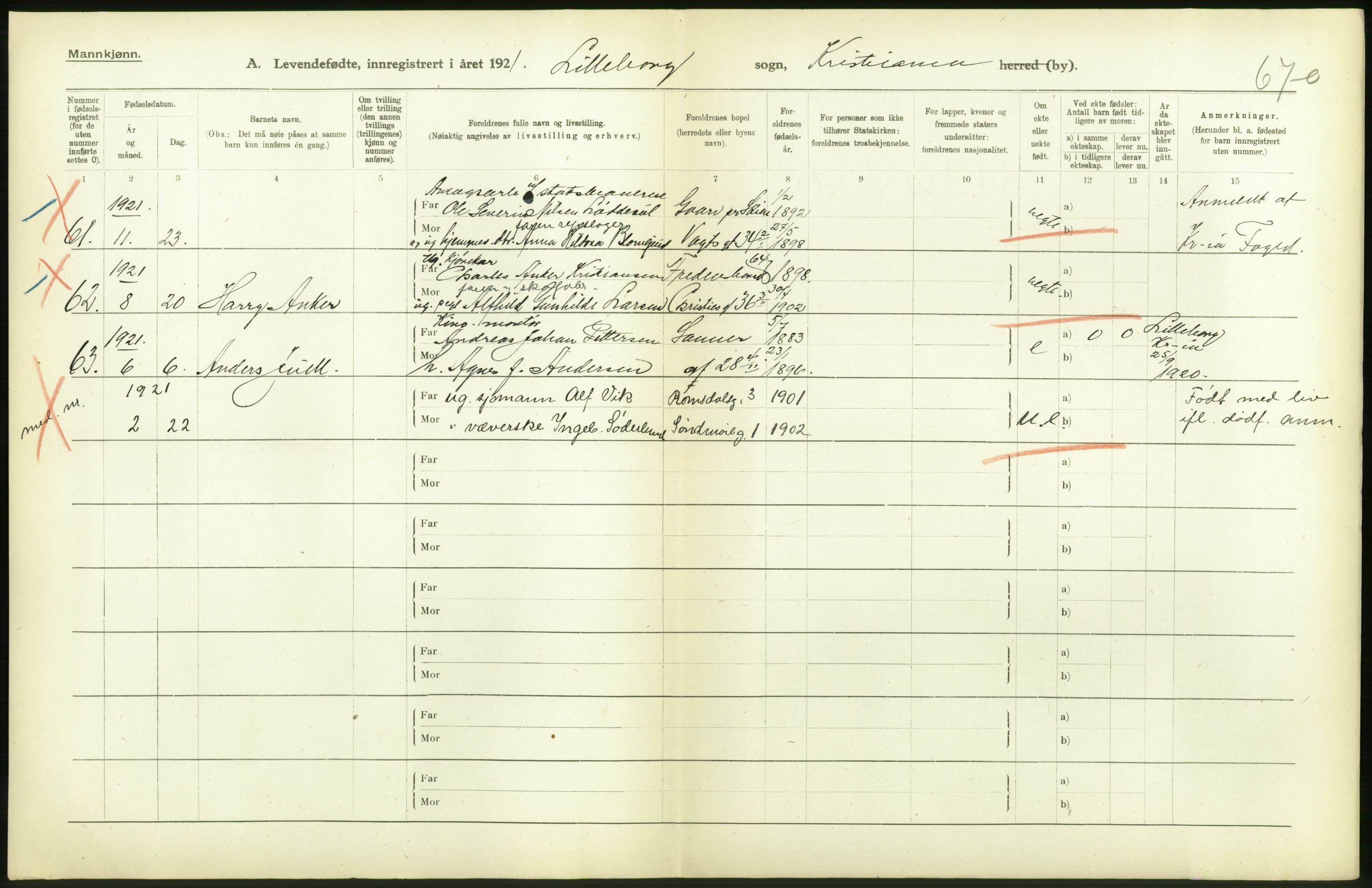 Statistisk sentralbyrå, Sosiodemografiske emner, Befolkning, AV/RA-S-2228/D/Df/Dfc/Dfca/L0008: Kristiania: Levendefødte menn og kvinner., 1921, p. 24