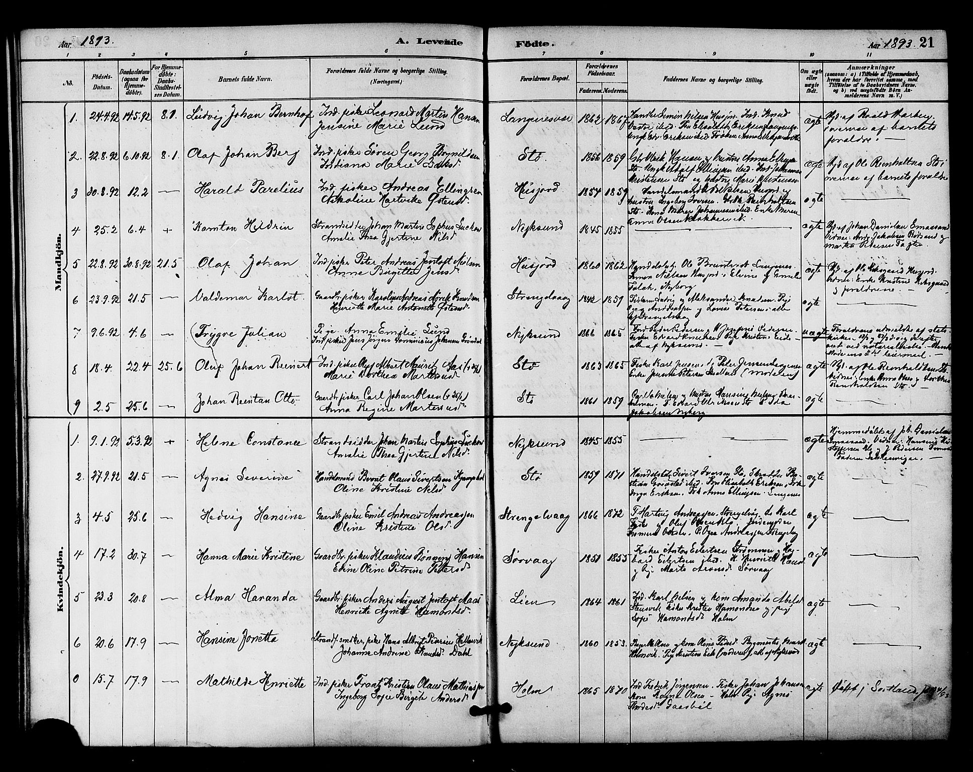 Ministerialprotokoller, klokkerbøker og fødselsregistre - Nordland, SAT/A-1459/894/L1355: Parish register (official) no. 894A01, 1885-1896, p. 21
