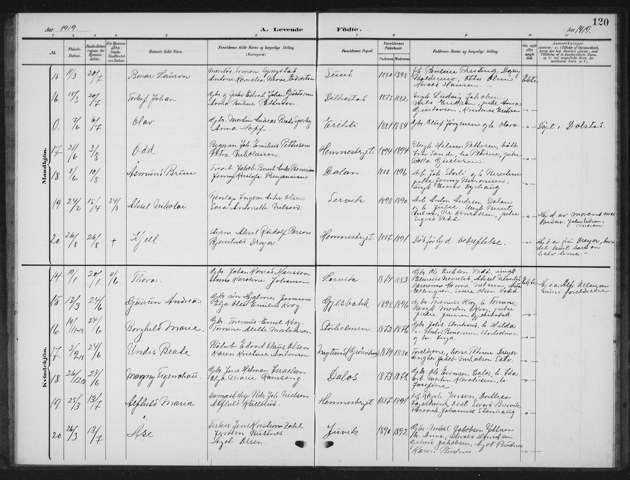 Ministerialprotokoller, klokkerbøker og fødselsregistre - Nordland, AV/SAT-A-1459/825/L0370: Parish register (copy) no. 825C07, 1903-1923, p. 120