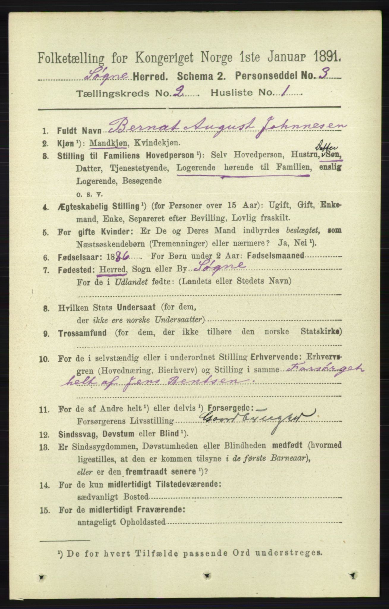 RA, 1891 census for 1018 Søgne, 1891, p. 160