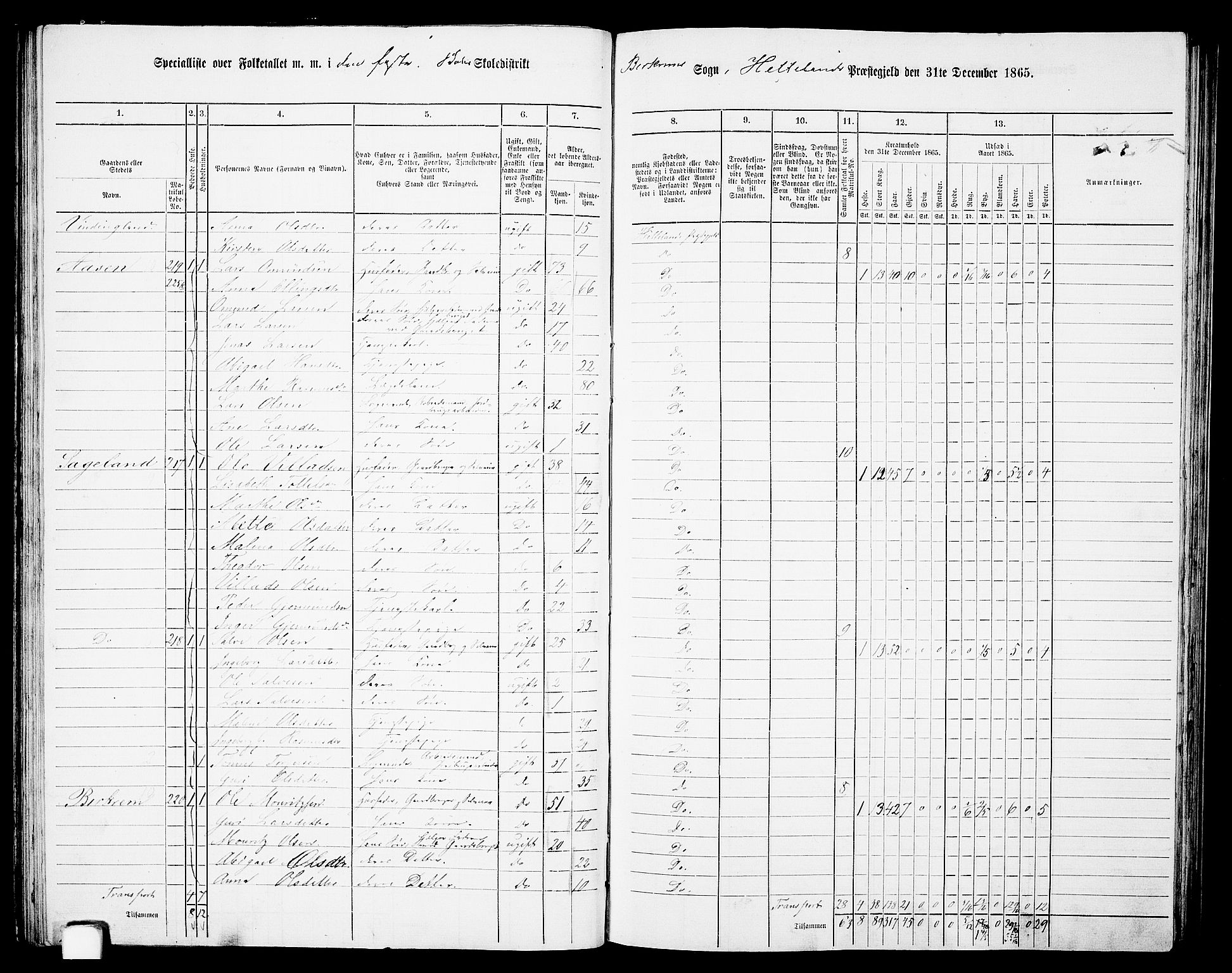 RA, 1865 census for Helleland, 1865, p. 65