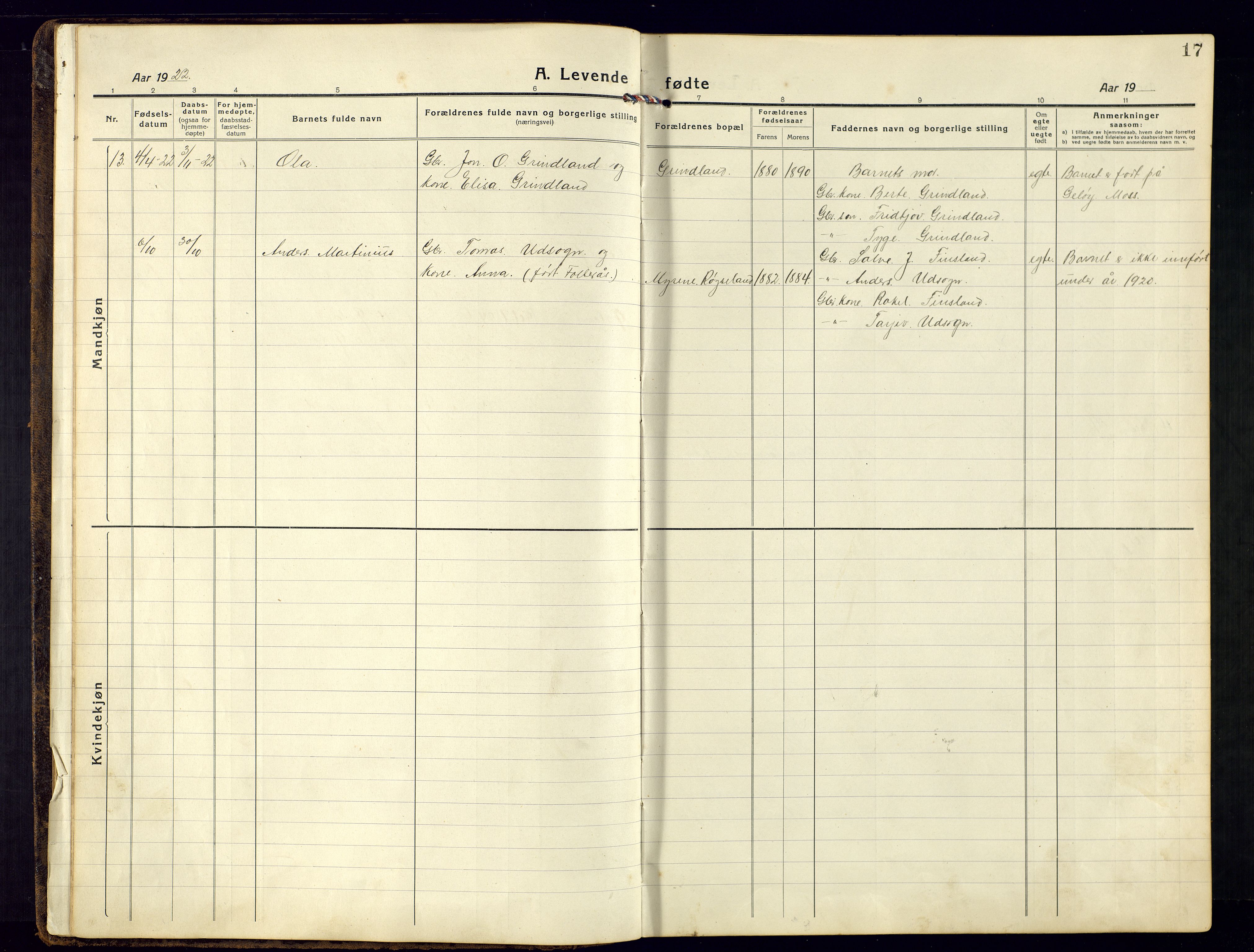 Bjelland sokneprestkontor, AV/SAK-1111-0005/F/Fb/Fbb/L0006: Parish register (copy) no. B-6, 1918-1946, p. 17