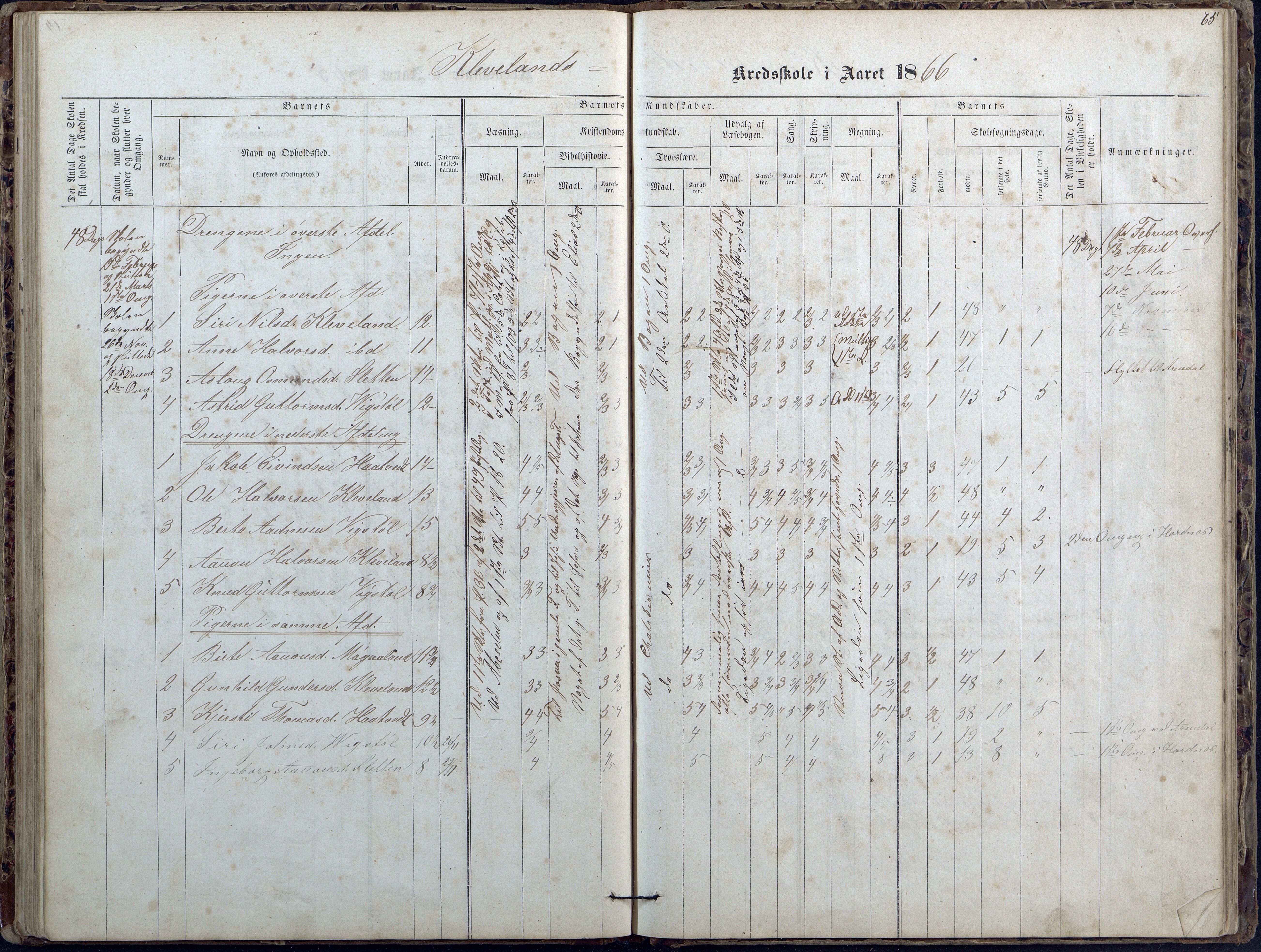 Evje kommune, Ånesland/Omland/Kleveland skolekrets, AAKS/KA0937-550f/F2/L0002: Protokoll for faste skoler i Aaneland, Kleveland og Omland kreds, 1863-1888, p. 65