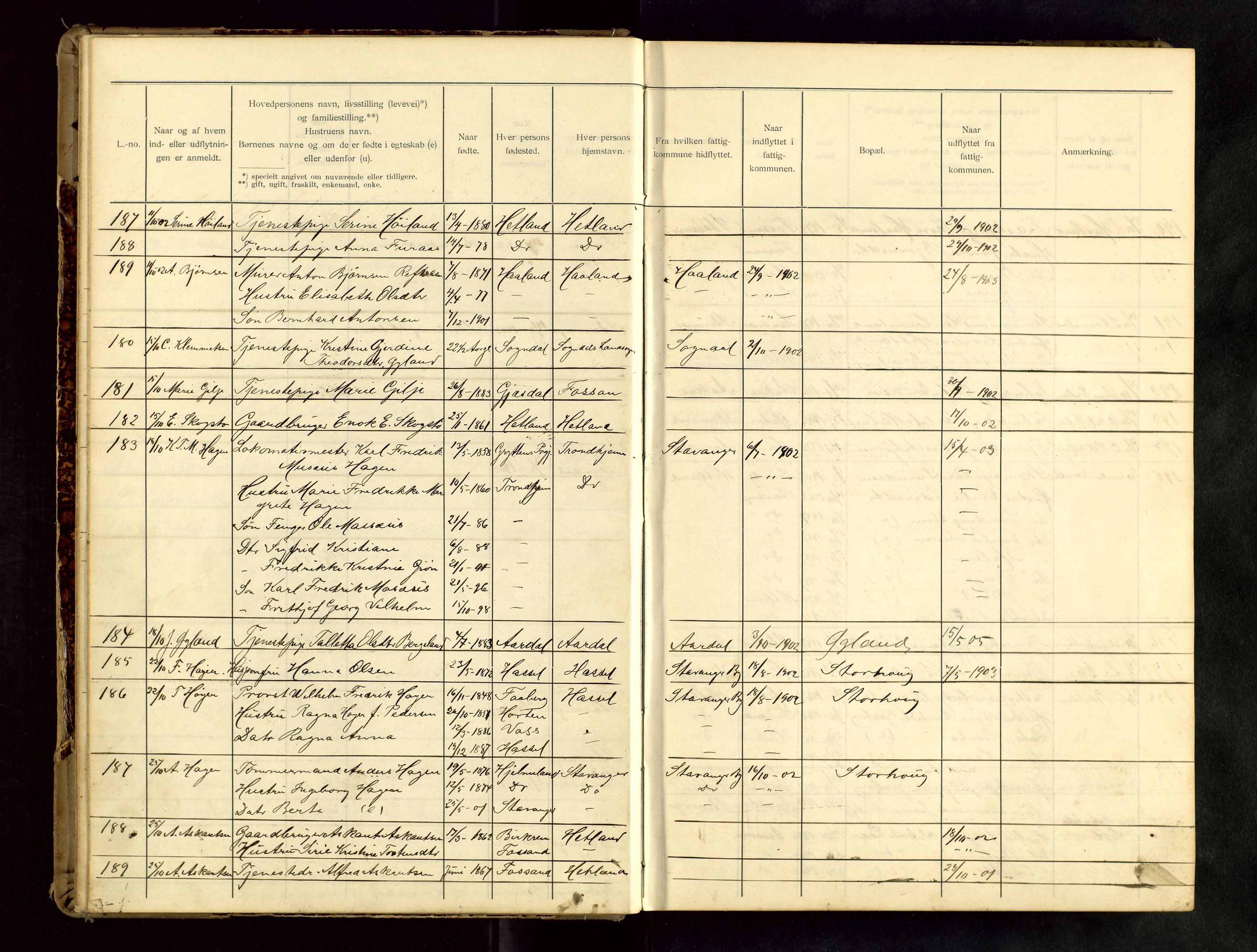 Hetland lensmannskontor, SAST/A-100101/Gwa/L0001: Flytteprotokoll (er delt i to: 1a og 1b), 1901-1918, p. 19