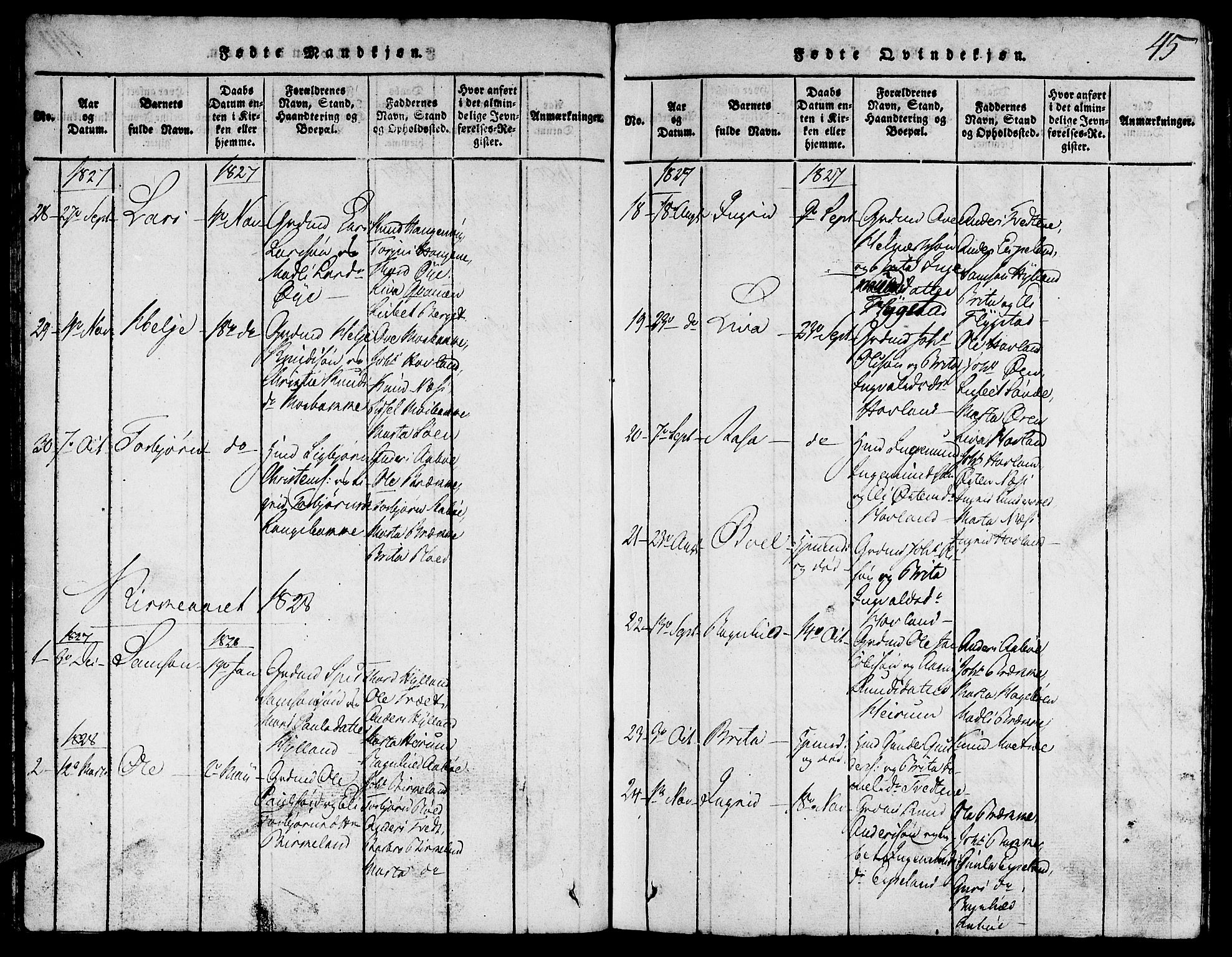 Suldal sokneprestkontor, SAST/A-101845/01/V/L0002: Parish register (copy) no. B 2, 1816-1845, p. 45