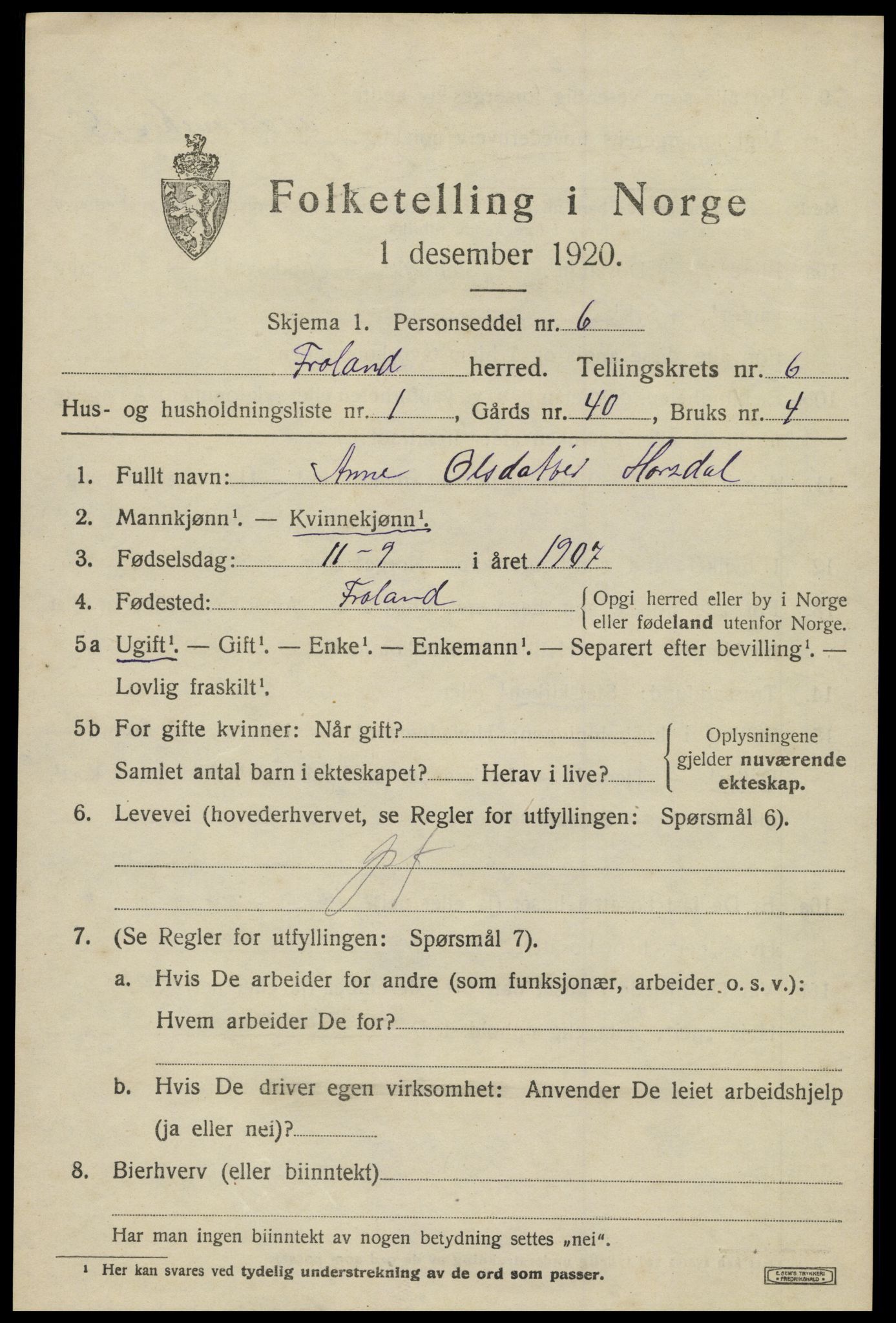 SAK, 1920 census for Froland, 1920, p. 4047