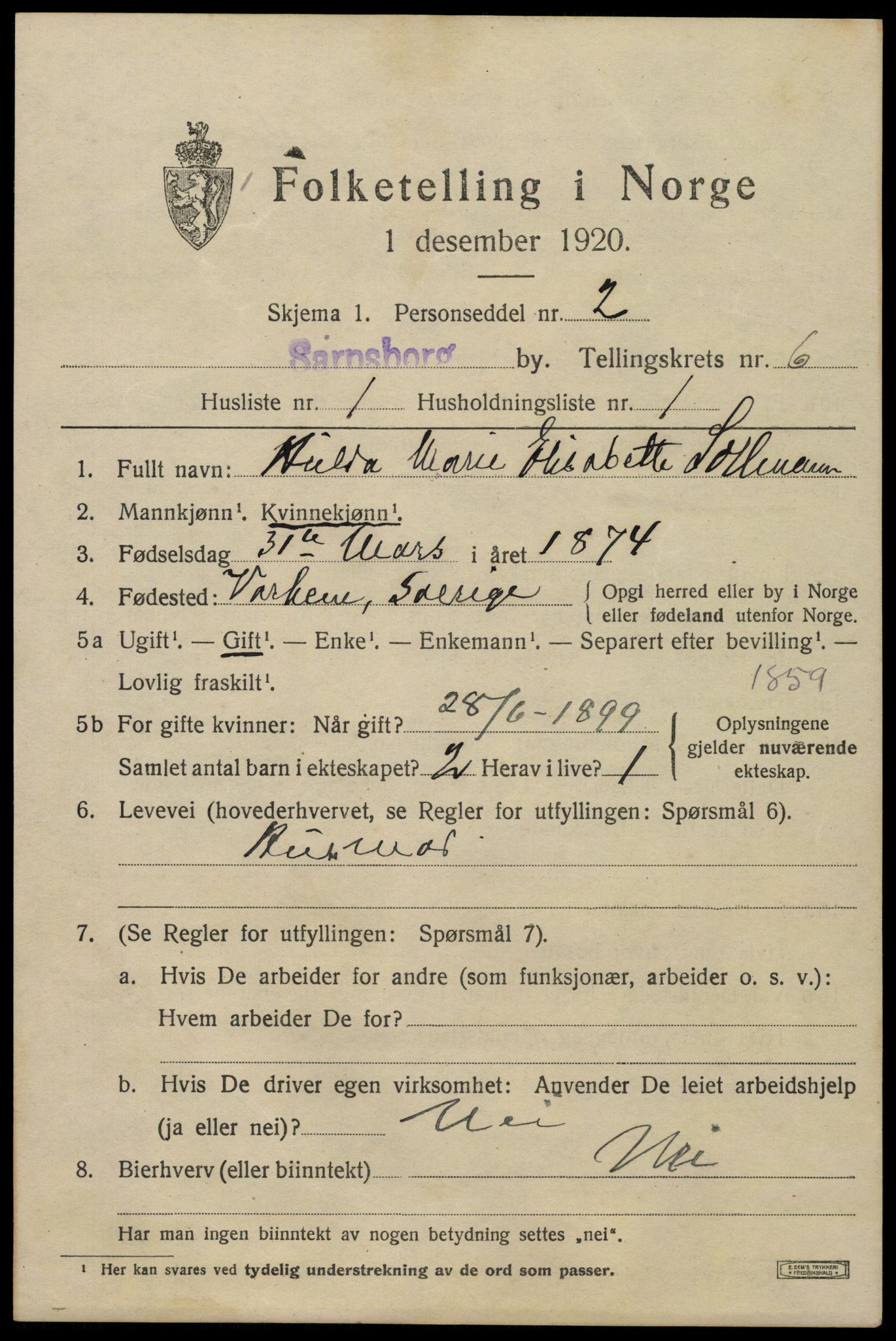 SAO, 1920 census for Sarpsborg, 1920, p. 14804