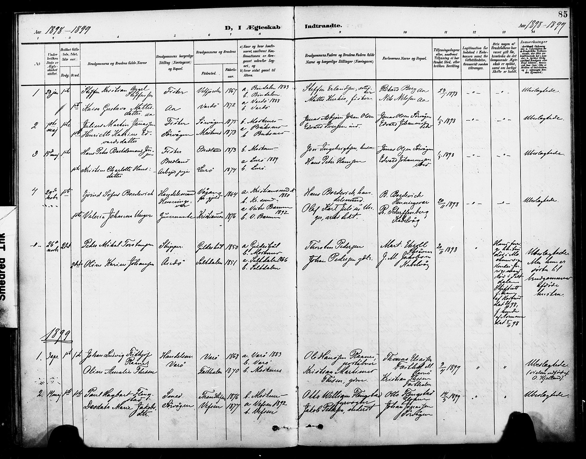 Ministerialprotokoller, klokkerbøker og fødselsregistre - Nordland, AV/SAT-A-1459/886/L1220: Parish register (official) no. 886A02, 1892-1903, p. 85