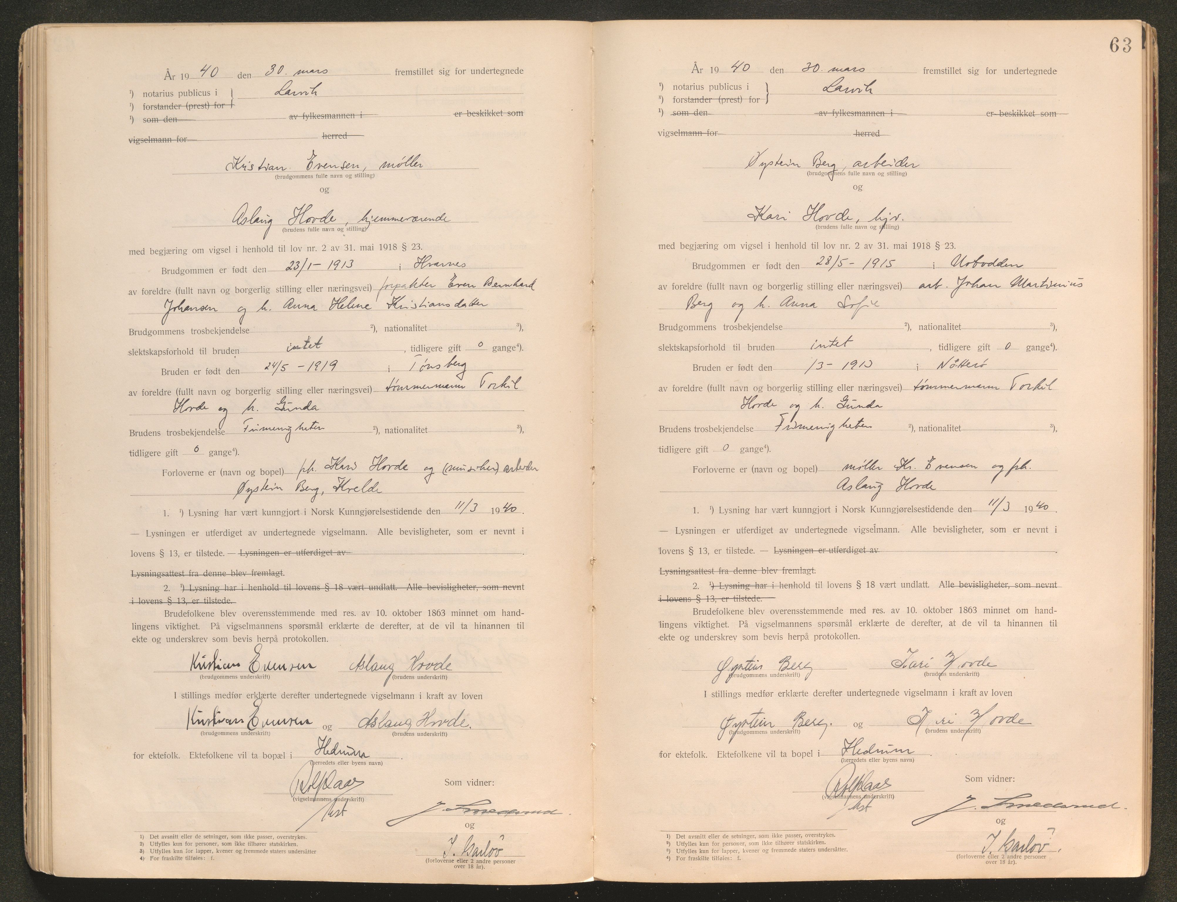 Larvik sorenskriveri, AV/SAKO-A-83/L/Lb/L0001: Vigselsprotokoll, 1920-1942, p. 63