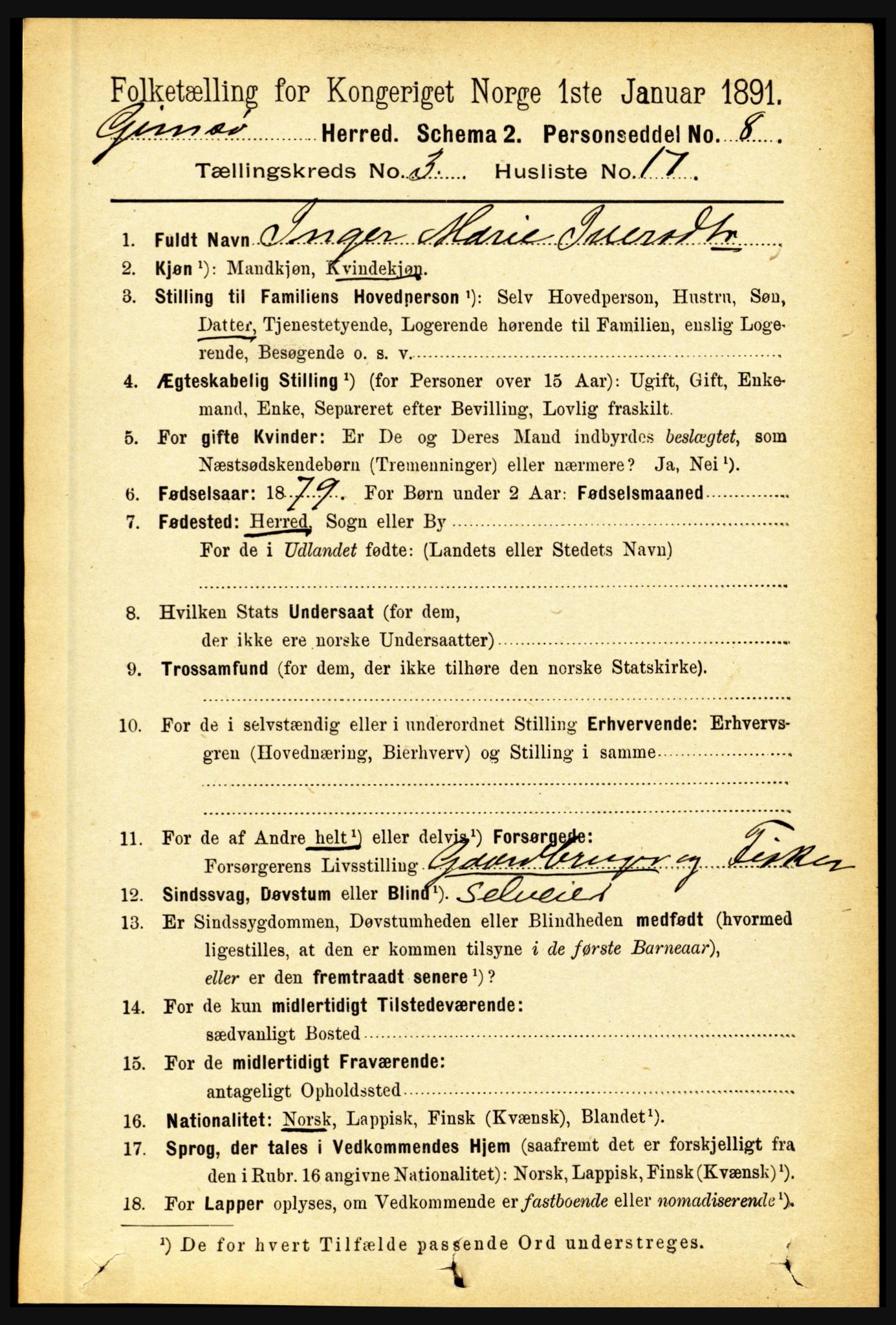 RA, 1891 census for 1864 Gimsøy, 1891, p. 599