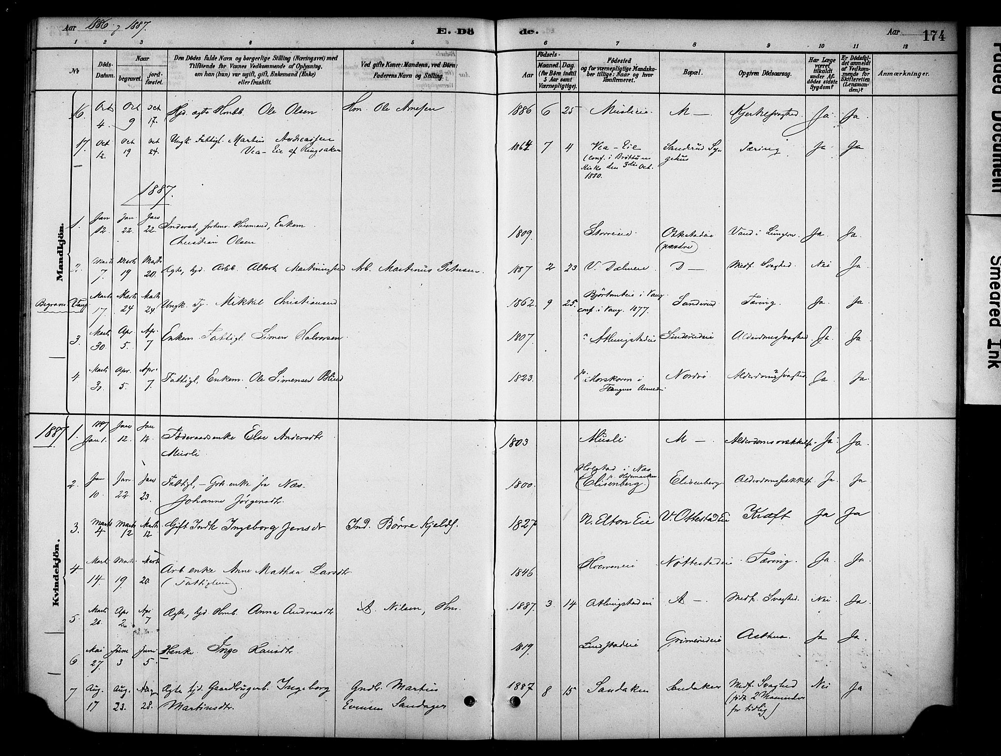 Stange prestekontor, AV/SAH-PREST-002/K/L0019: Parish register (official) no. 19, 1880-1891, p. 174