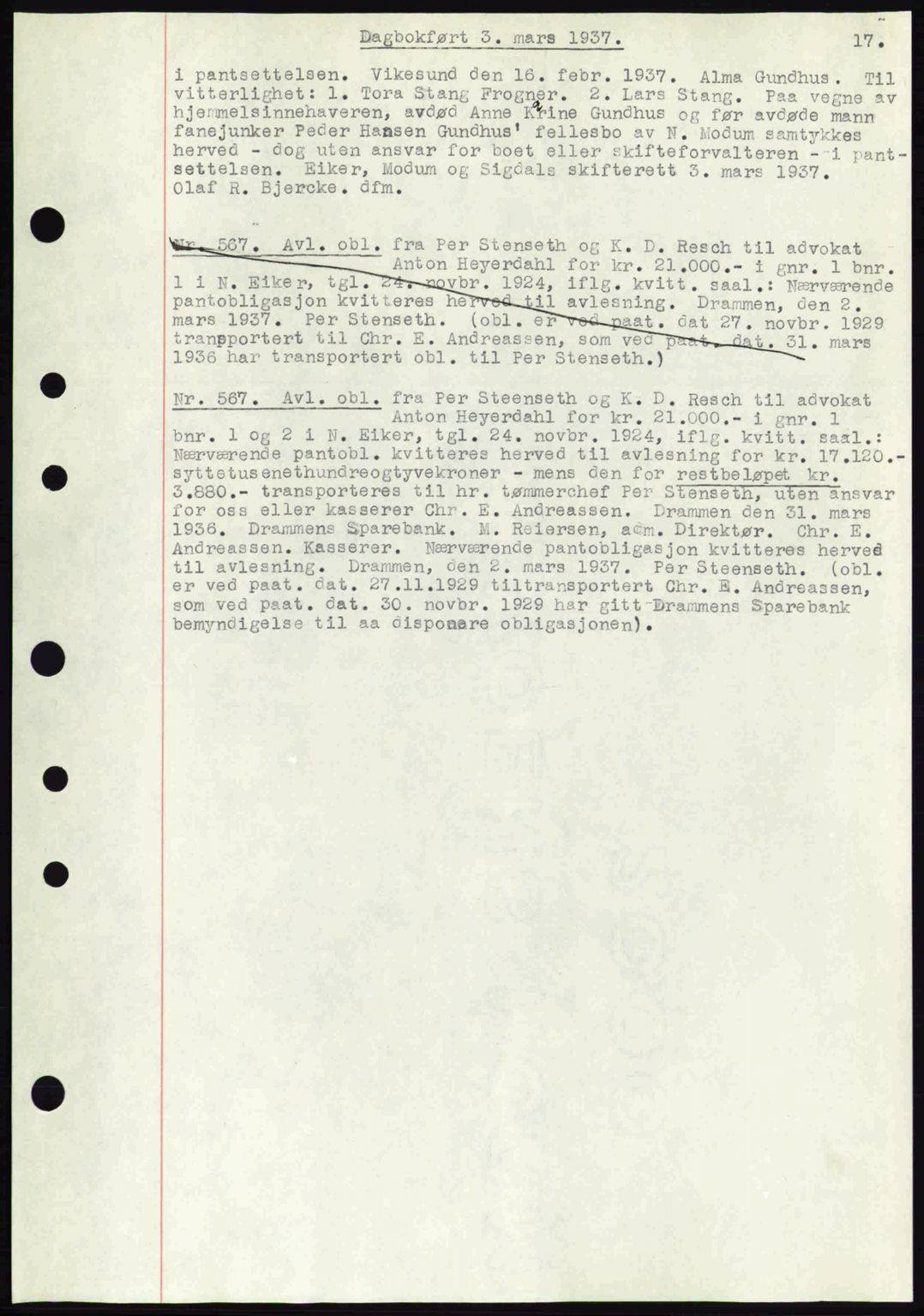 Eiker, Modum og Sigdal sorenskriveri, SAKO/A-123/G/Ga/Gab/L0035: Mortgage book no. A5, 1937-1937, Diary no: : 567/1937