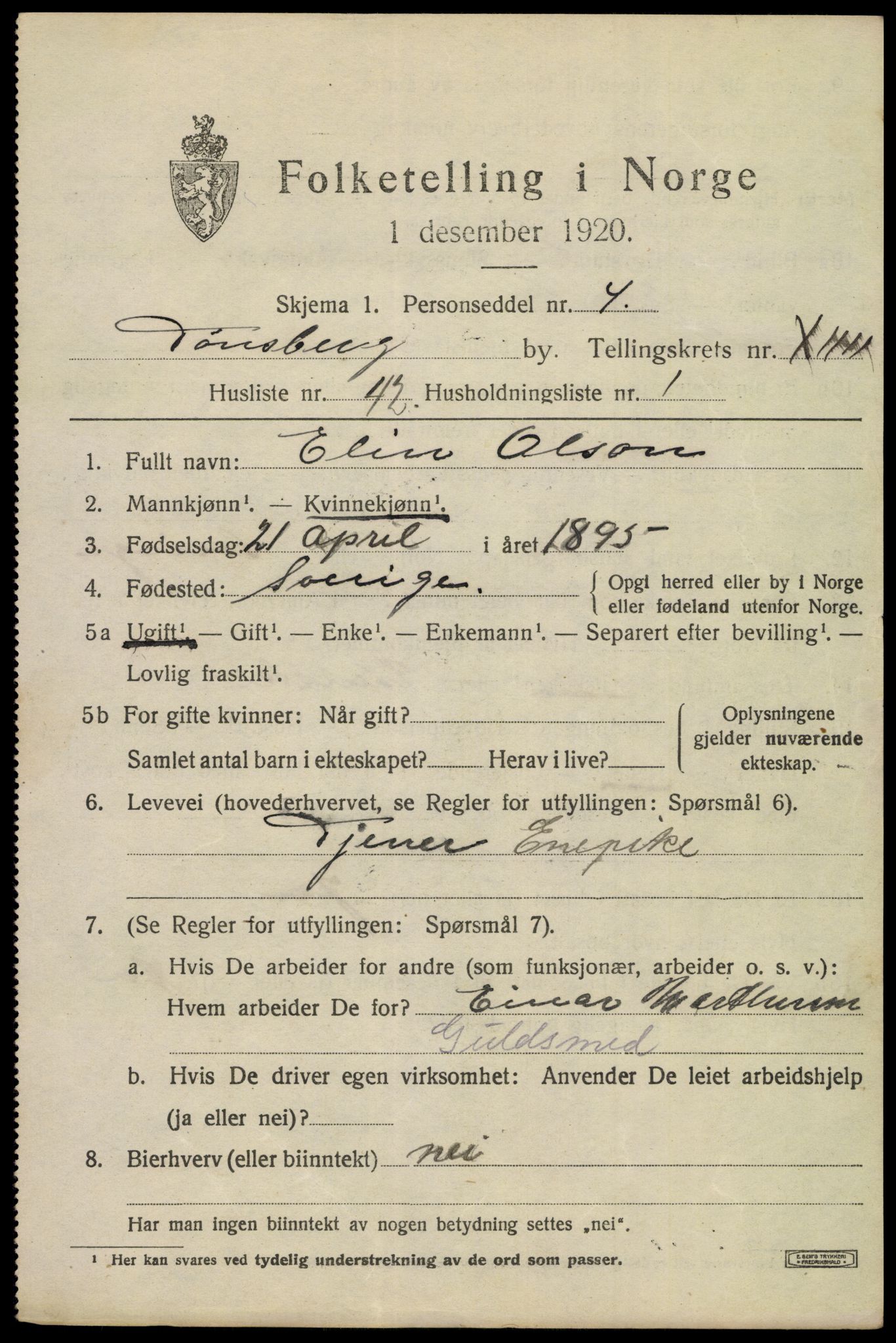 SAKO, 1920 census for Tønsberg, 1920, p. 23459