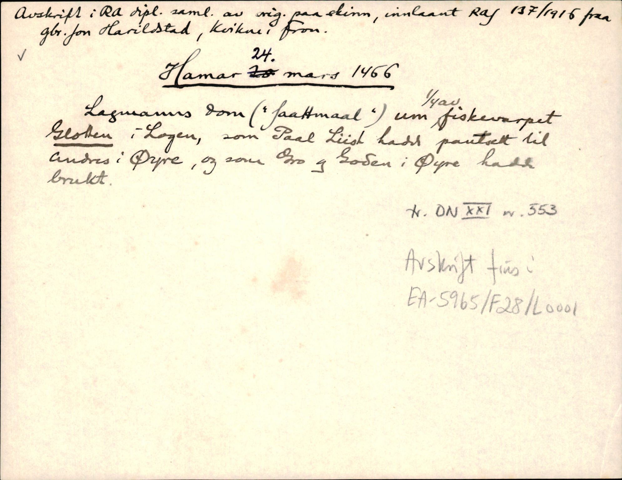 Riksarkivets diplomsamling, AV/RA-EA-5965/F35/F35d/L0001: Innlånte diplomer, seddelregister, 1316-1591, p. 193