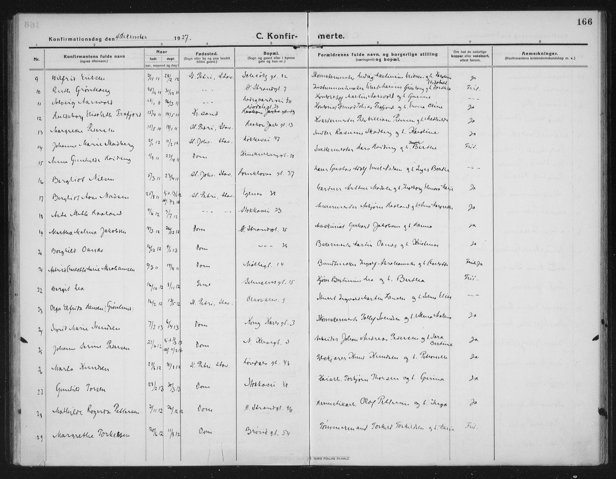 Domkirken sokneprestkontor, AV/SAST-A-101812/002/A/L0019: Parish register (official) no. A 35, 1916-1932, p. 166