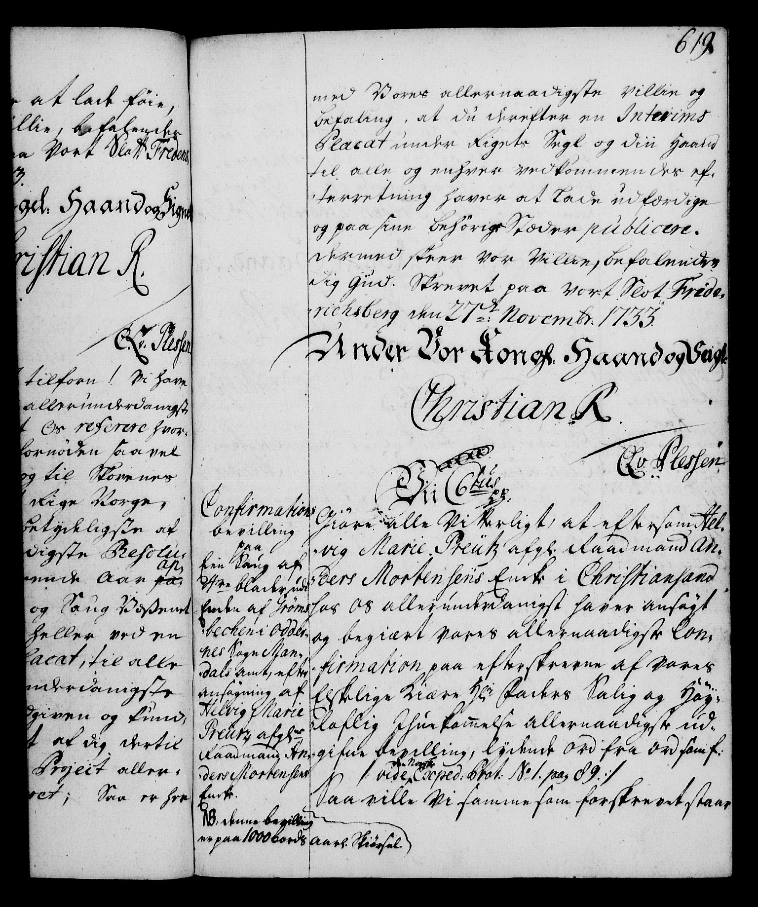 Rentekammeret, Kammerkanselliet, RA/EA-3111/G/Gg/Gga/L0003: Norsk ekspedisjonsprotokoll med register (merket RK 53.3), 1727-1734, p. 619