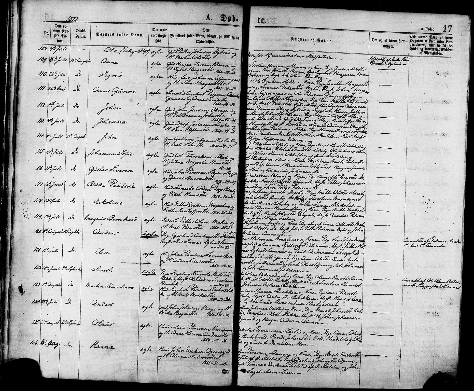 Ministerialprotokoller, klokkerbøker og fødselsregistre - Nord-Trøndelag, SAT/A-1458/709/L0076: Parish register (official) no. 709A16, 1871-1879, p. 17