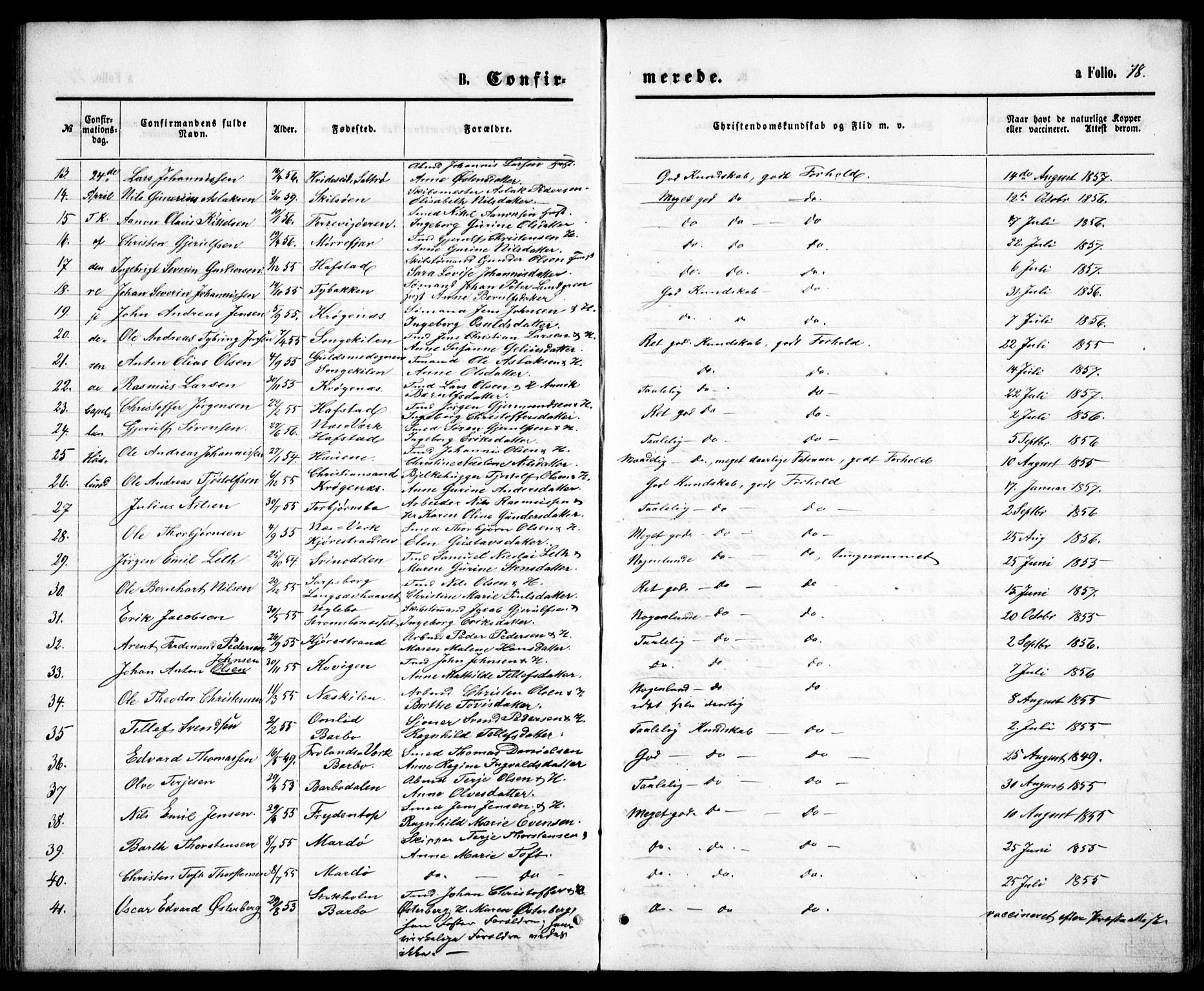 Tromøy sokneprestkontor, SAK/1111-0041/F/Fb/L0004: Parish register (copy) no. B 4, 1869-1877, p. 78