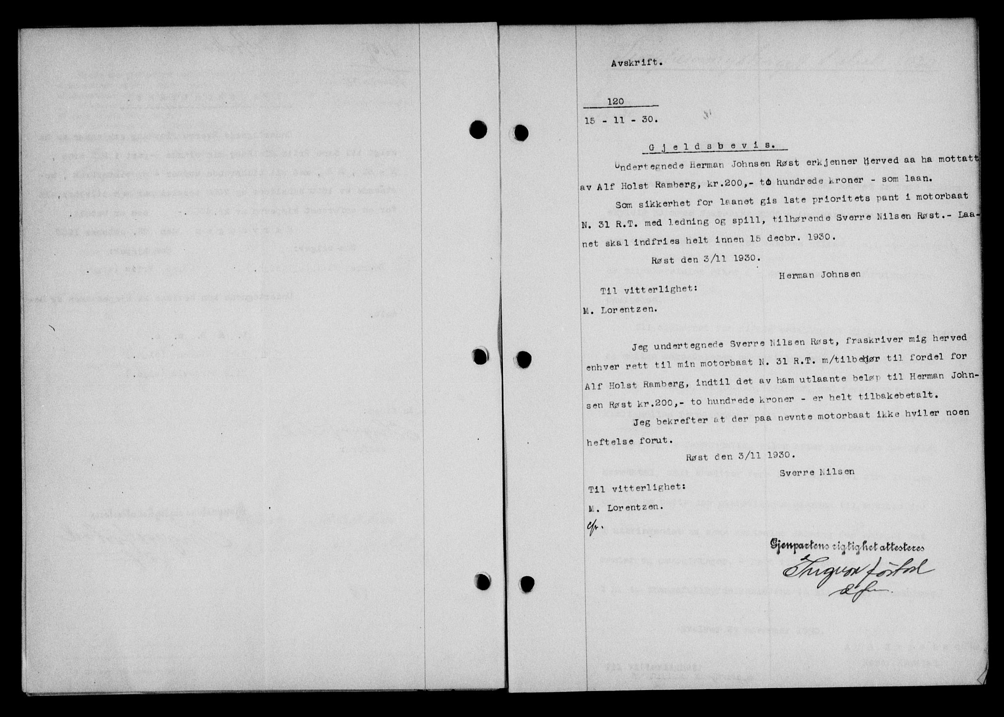 Lofoten sorenskriveri, SAT/A-0017/1/2/2C/L0022b: Mortgage book no. 22b, 1930-1930, Deed date: 15.11.1930