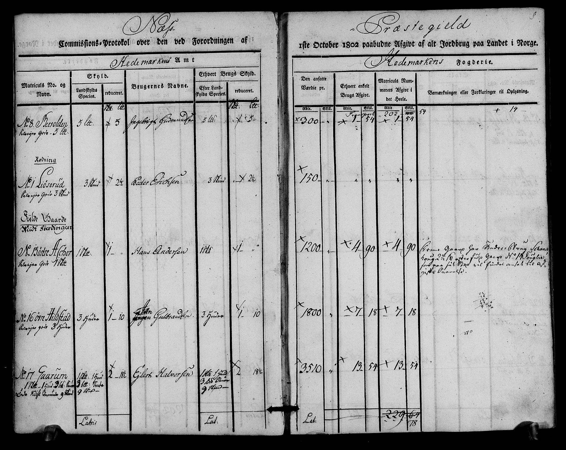 Rentekammeret inntil 1814, Realistisk ordnet avdeling, AV/RA-EA-4070/N/Ne/Nea/L0033: Hedmark fogderi. Kommisjonsprotokoll, 1803, p. 9