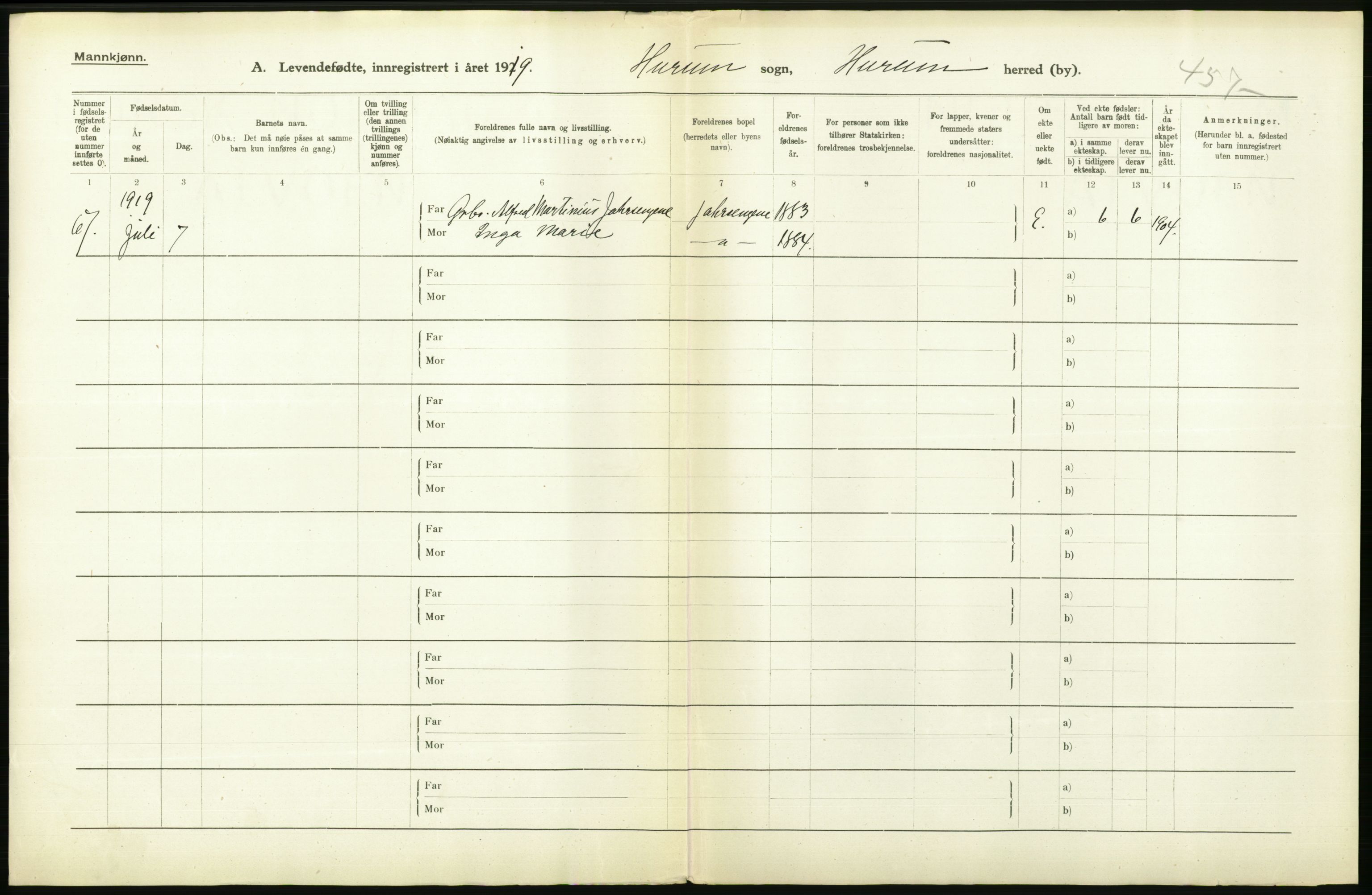 Statistisk sentralbyrå, Sosiodemografiske emner, Befolkning, RA/S-2228/D/Df/Dfb/Dfbi/L0016: Buskerud fylke: Levendefødte menn og kvinner. Bygder., 1919, p. 302