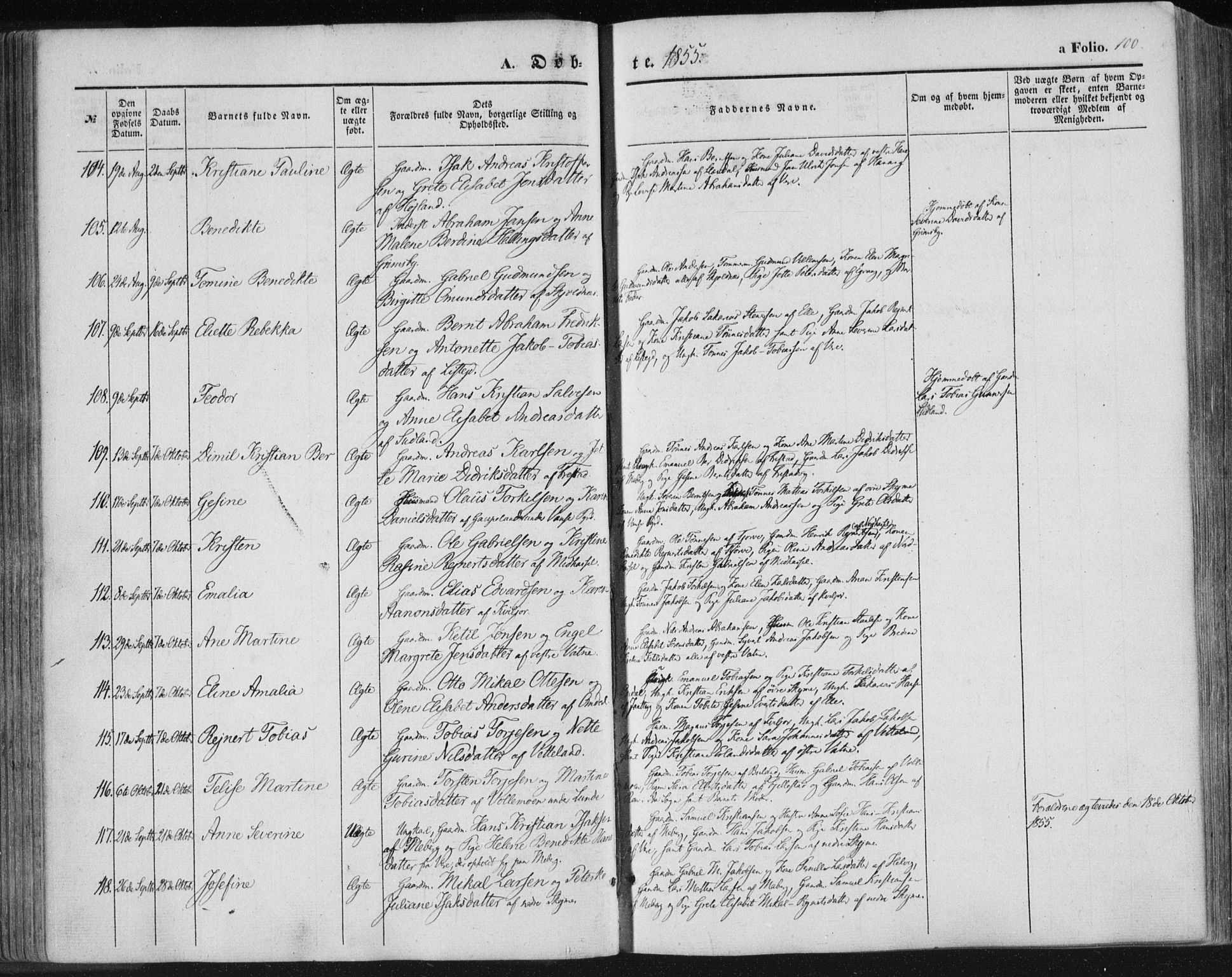 Lista sokneprestkontor, SAK/1111-0027/F/Fa/L0010: Parish register (official) no. A 10, 1846-1861, p. 100