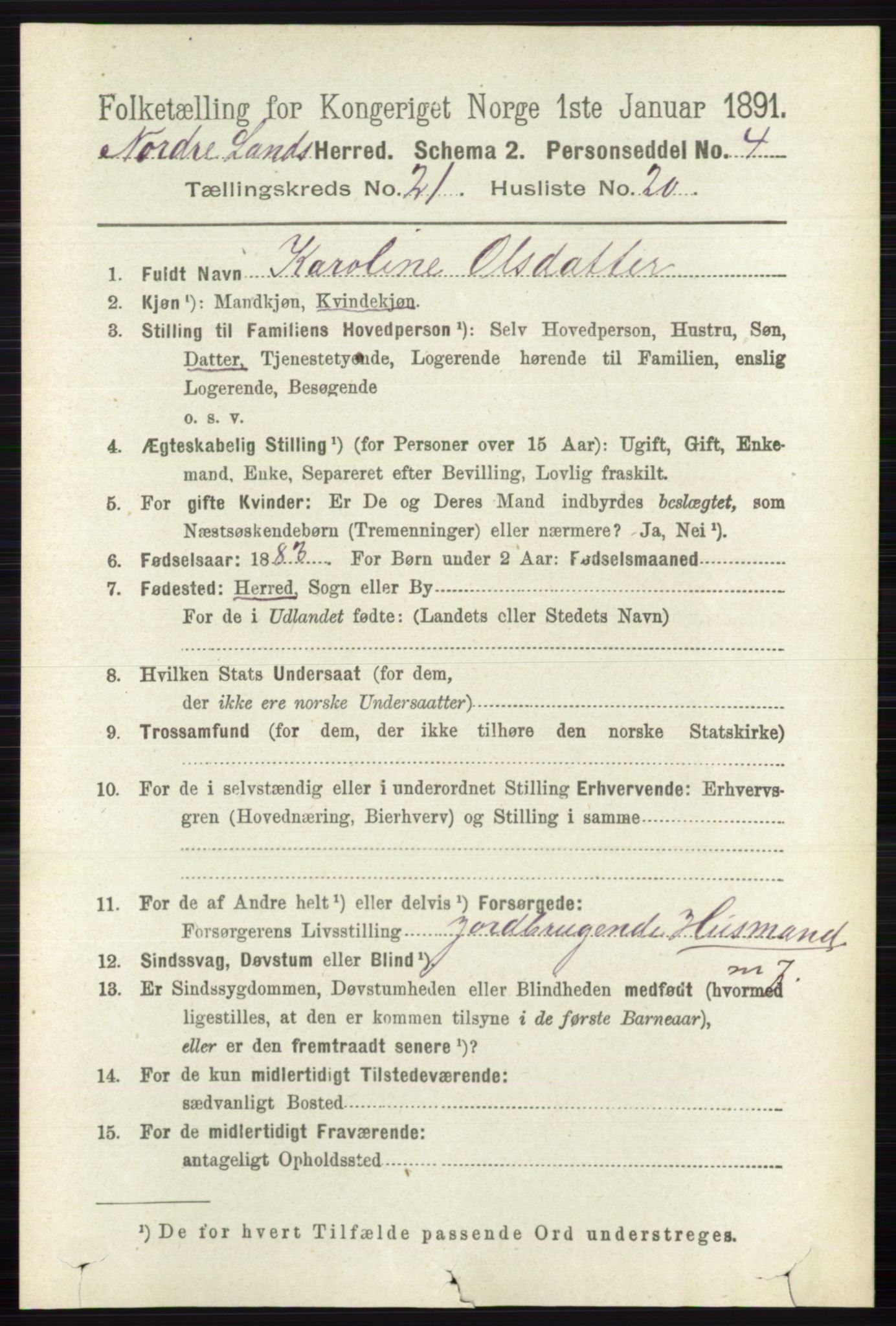 RA, 1891 census for 0538 Nordre Land, 1891, p. 5393