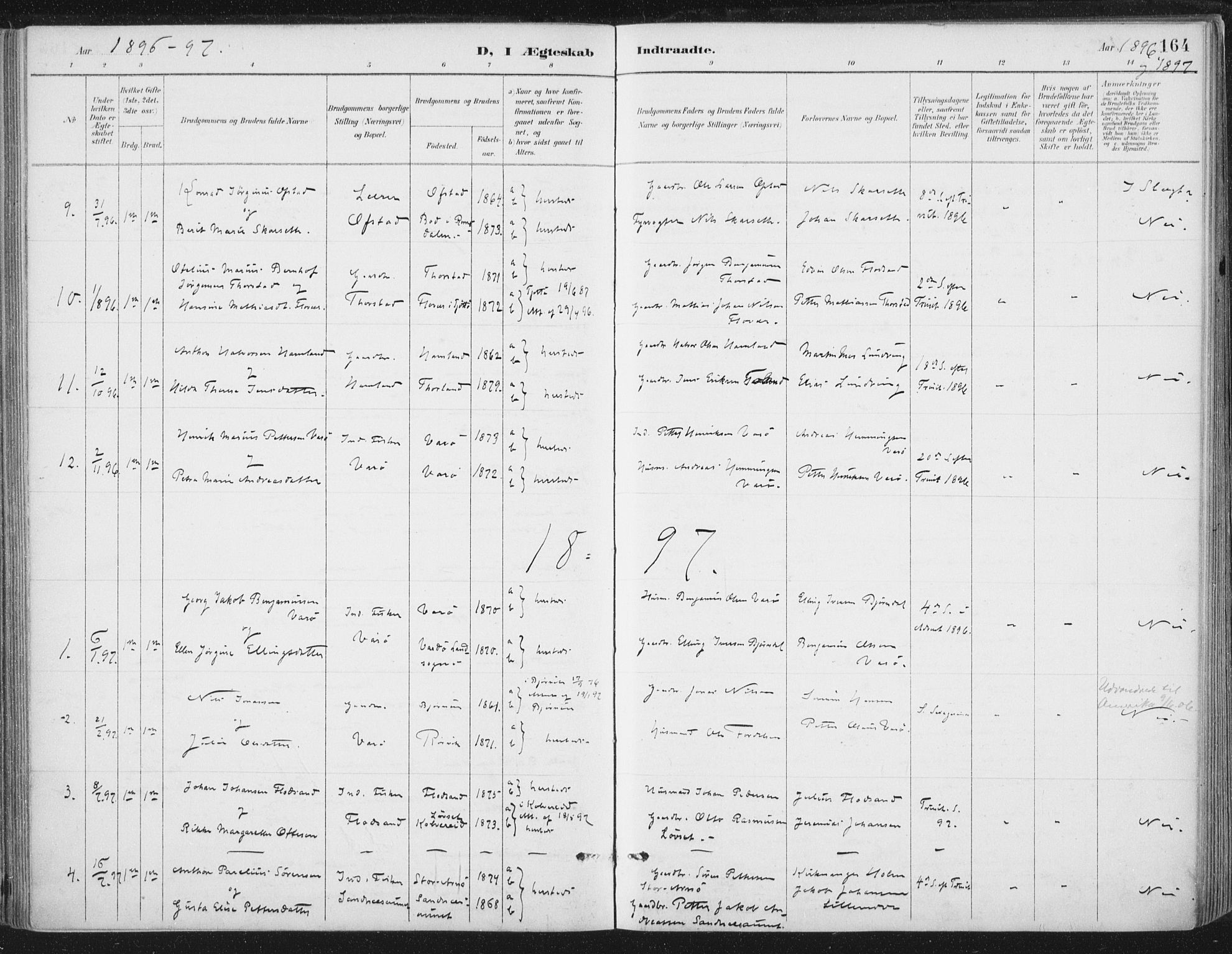 Ministerialprotokoller, klokkerbøker og fødselsregistre - Nord-Trøndelag, SAT/A-1458/784/L0673: Parish register (official) no. 784A08, 1888-1899, p. 164