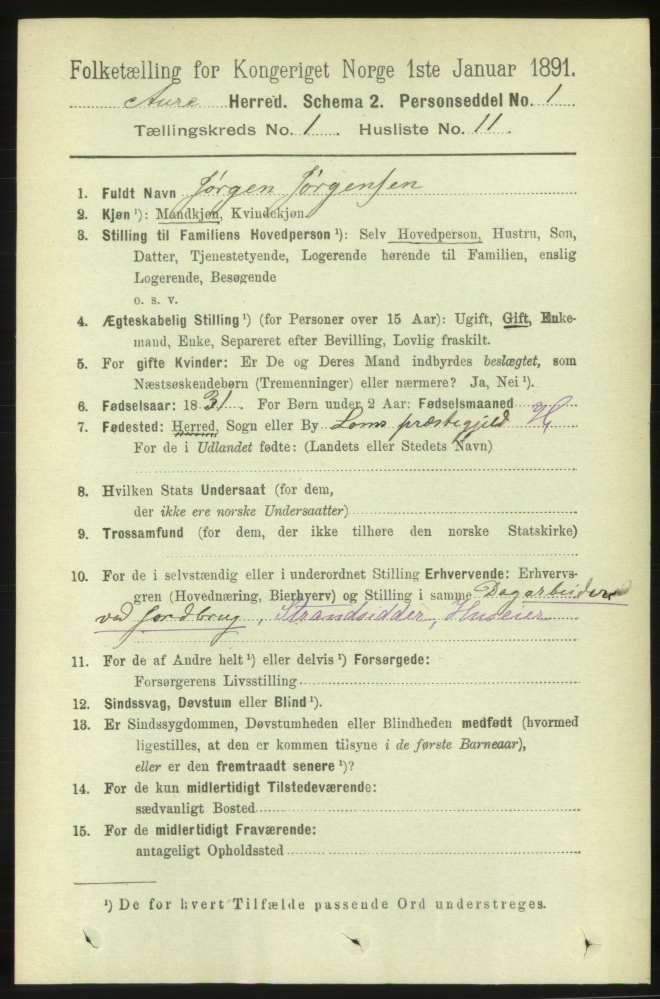 RA, 1891 census for 1569 Aure, 1891, p. 179