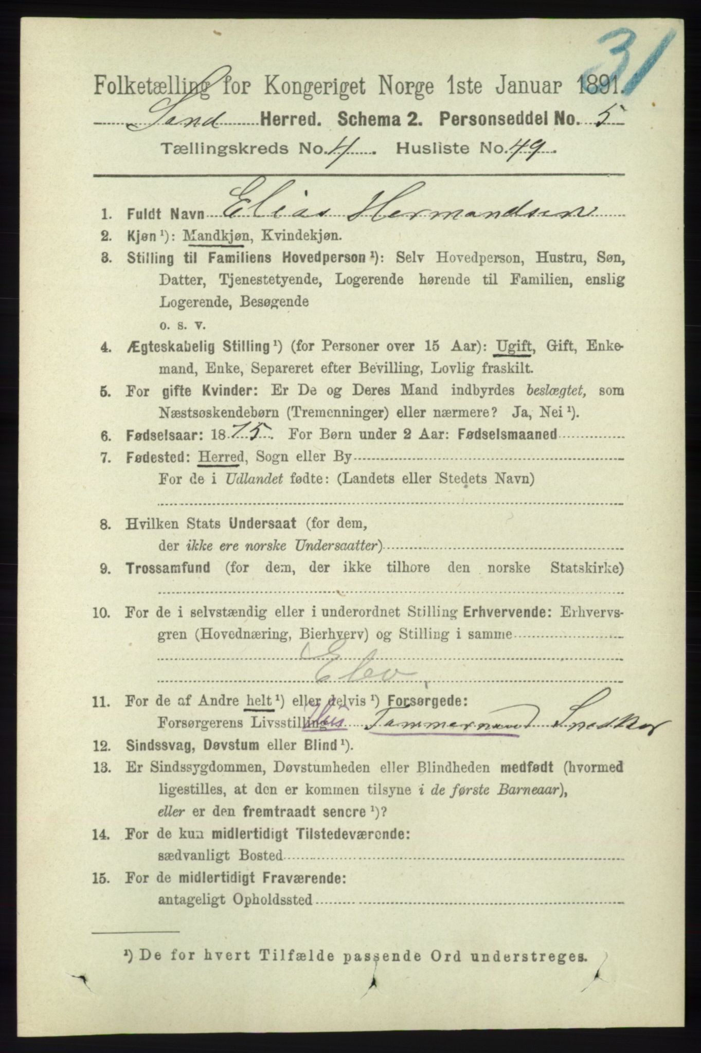 RA, 1891 census for 1136 Sand, 1891, p. 1476