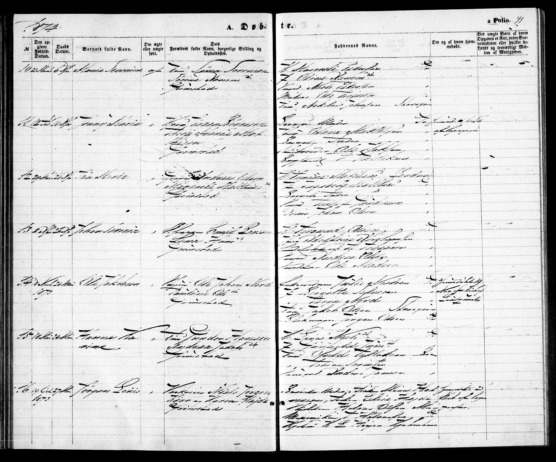 Grimstad sokneprestkontor, SAK/1111-0017/F/Fa/L0002: Parish register (official) no. A 1, 1869-1881, p. 41