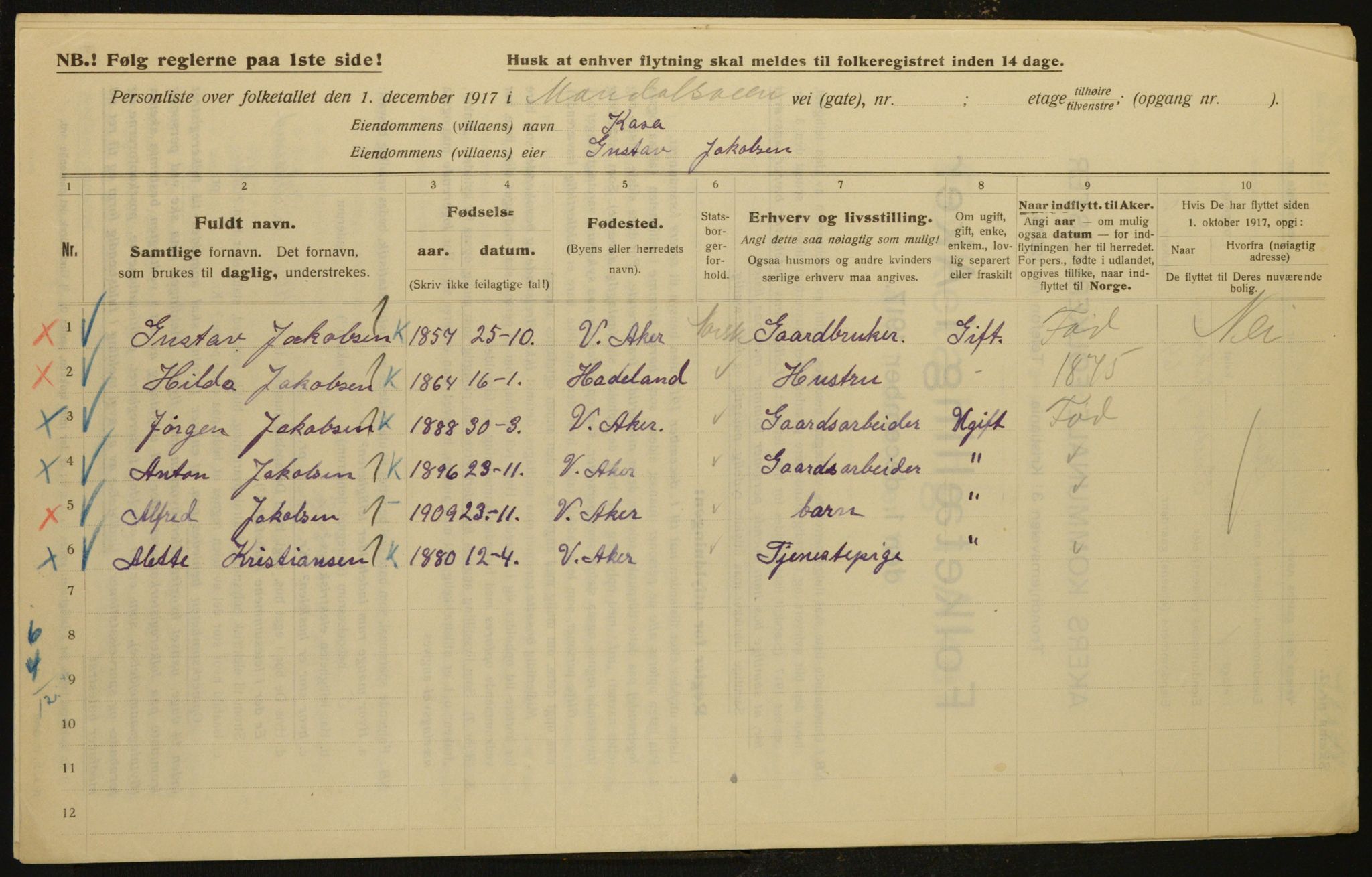 OBA, Municipal Census 1917 for Aker, 1917, p. 11672