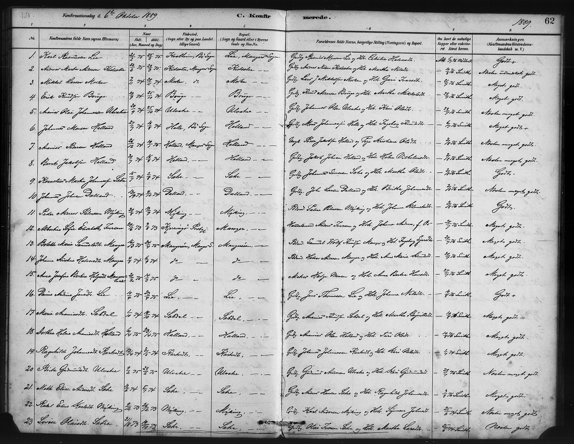 Manger sokneprestembete, SAB/A-76801/H/Haa: Parish register (official) no. B 1, 1881-1892, p. 62