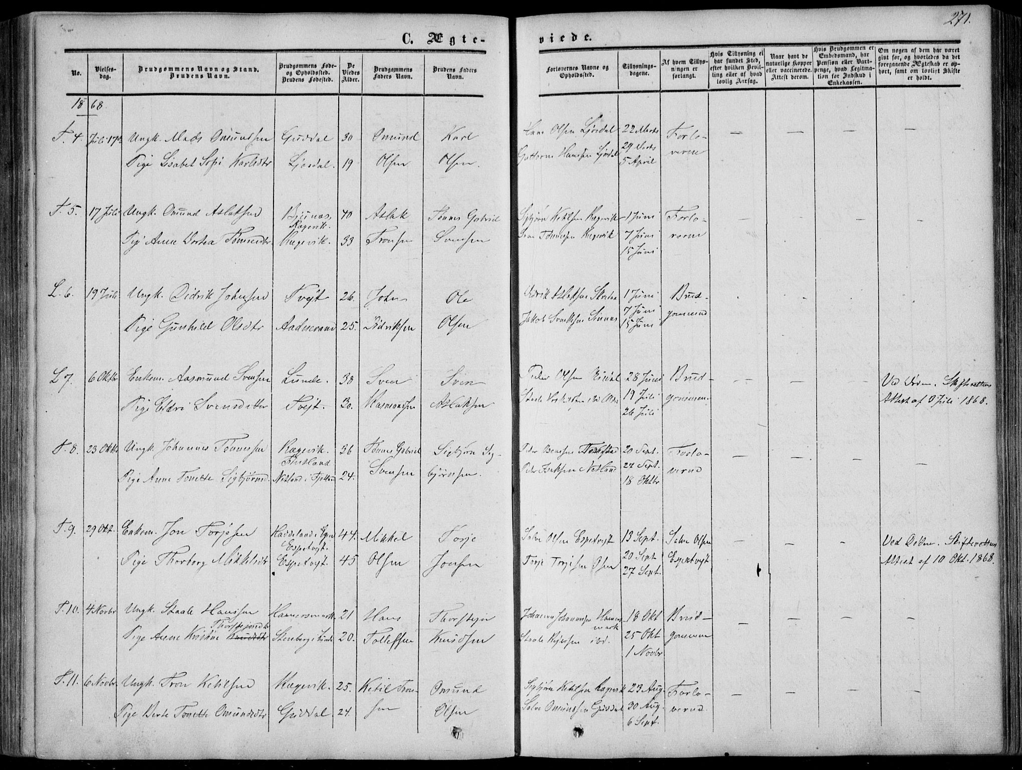 Sirdal sokneprestkontor, AV/SAK-1111-0036/F/Fa/Fab/L0002: Parish register (official) no. A 2, 1855-1874, p. 271