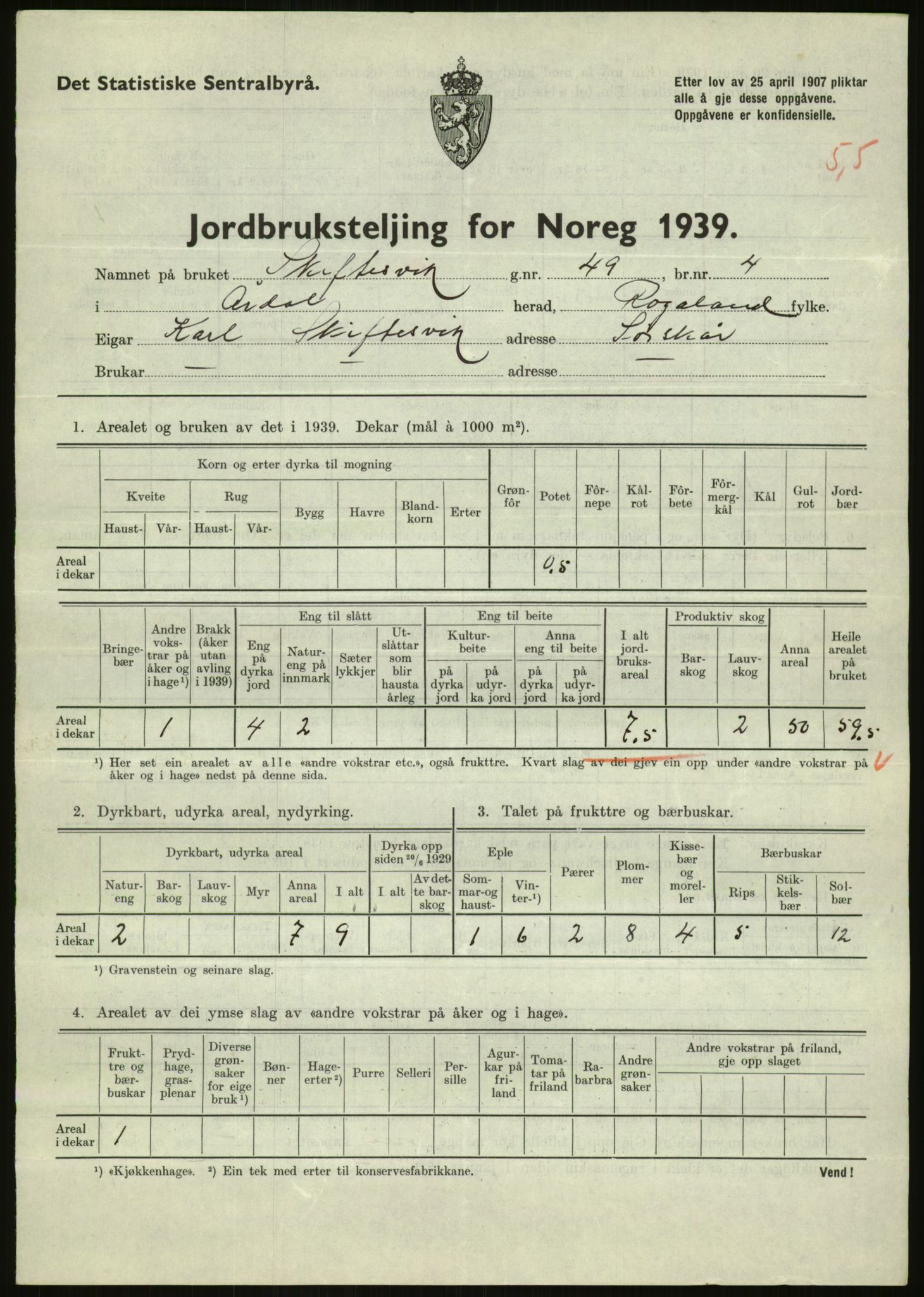 Statistisk sentralbyrå, Næringsøkonomiske emner, Jordbruk, skogbruk, jakt, fiske og fangst, AV/RA-S-2234/G/Gb/L0184: Rogaland: Årdal, Fister og Hjelmeland, 1939, p. 461