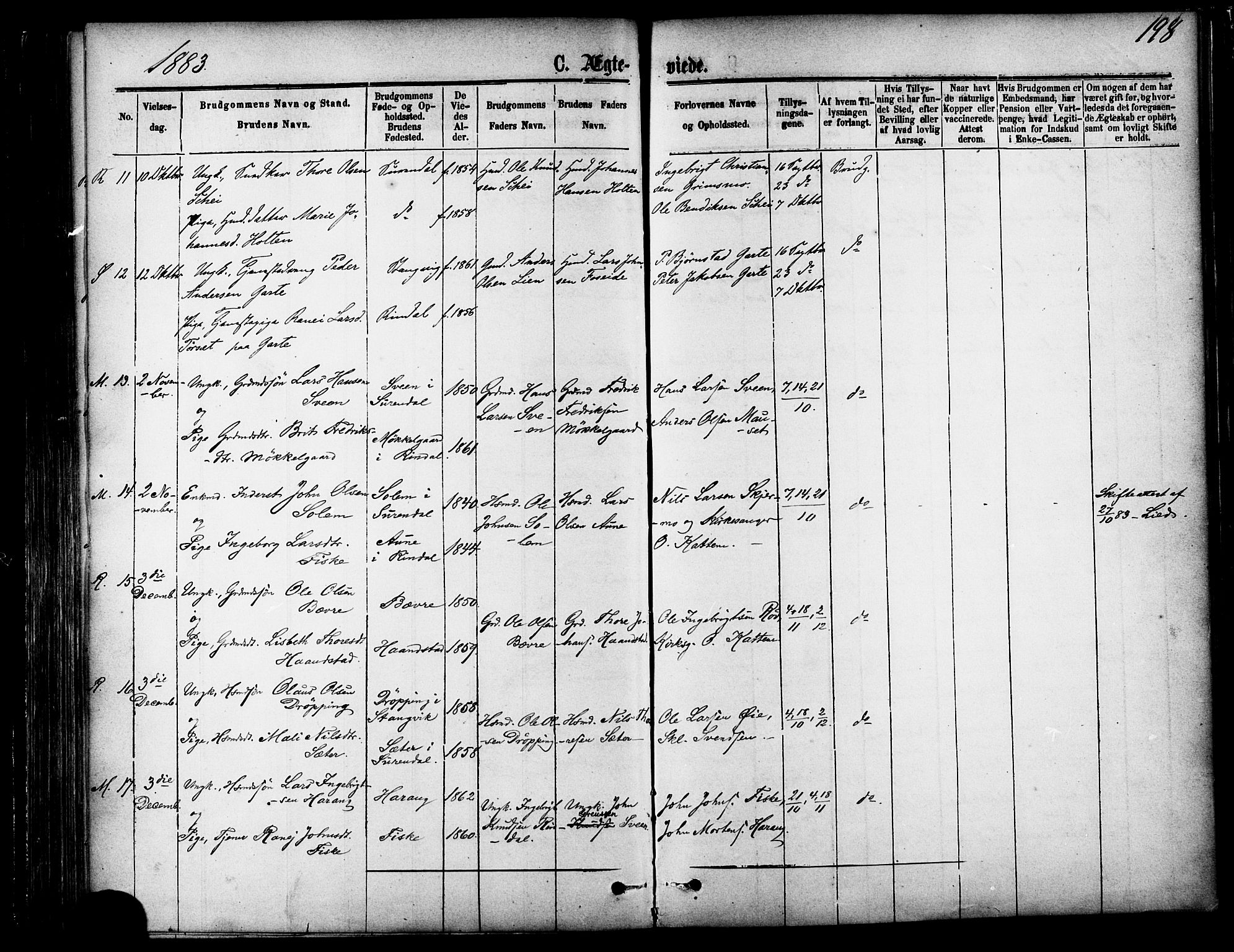 Ministerialprotokoller, klokkerbøker og fødselsregistre - Møre og Romsdal, AV/SAT-A-1454/595/L1046: Parish register (official) no. 595A08, 1874-1884, p. 198