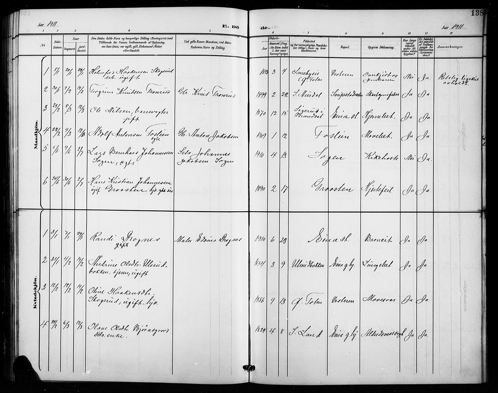 Vestre Toten prestekontor, SAH/PREST-108/H/Ha/Hab/L0016: Parish register (copy) no. 16, 1901-1915, p. 138