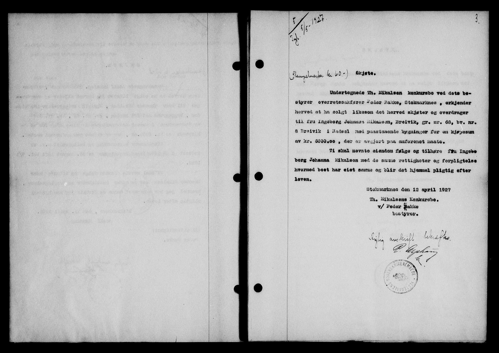 Vesterålen sorenskriveri, SAT/A-4180/1/2/2Ca/L0044: Mortgage book no. 37, 1927-1927, Deed date: 05.05.1927