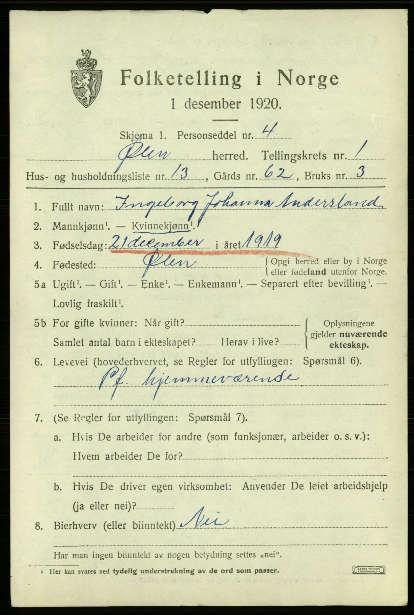 SAB, 1920 census for Ølen, 1920, p. 899