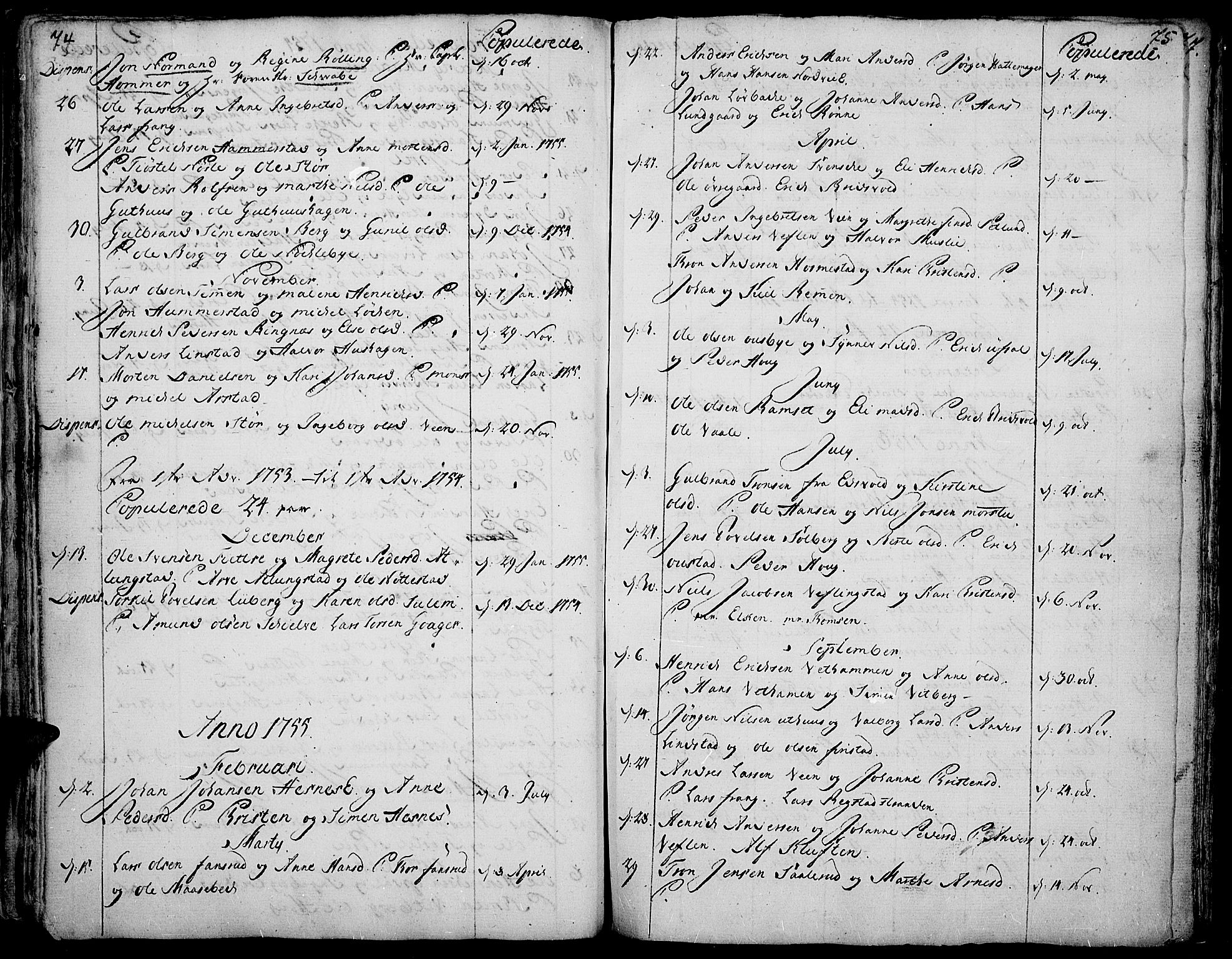 Stange prestekontor, AV/SAH-PREST-002/K/L0005: Parish register (official) no. 5, 1754-1762, p. 74-75