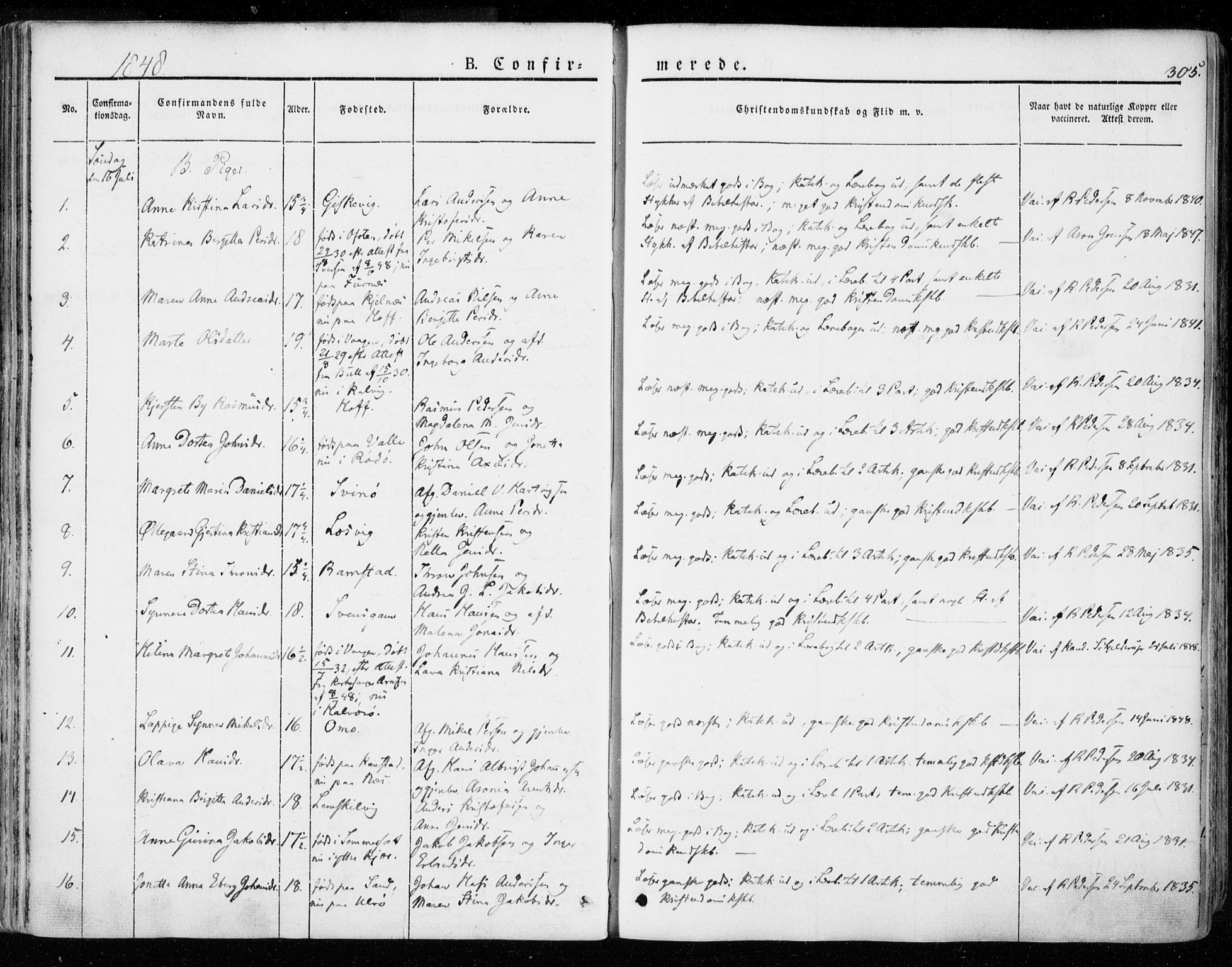 Ministerialprotokoller, klokkerbøker og fødselsregistre - Nordland, AV/SAT-A-1459/872/L1033: Parish register (official) no. 872A08, 1840-1863, p. 305