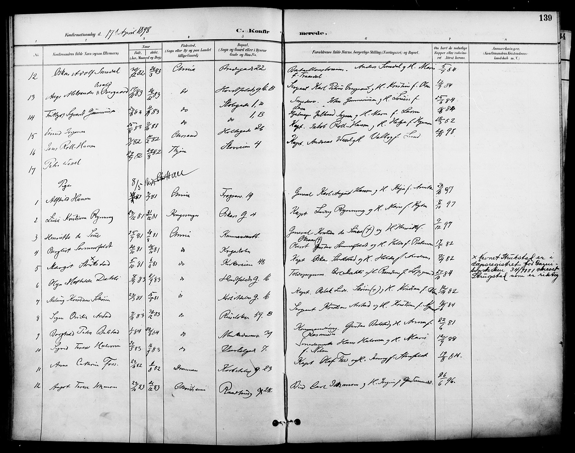 Garnisonsmenigheten Kirkebøker, SAO/A-10846/F/Fa/L0013: Parish register (official) no. 13, 1894-1904, p. 139